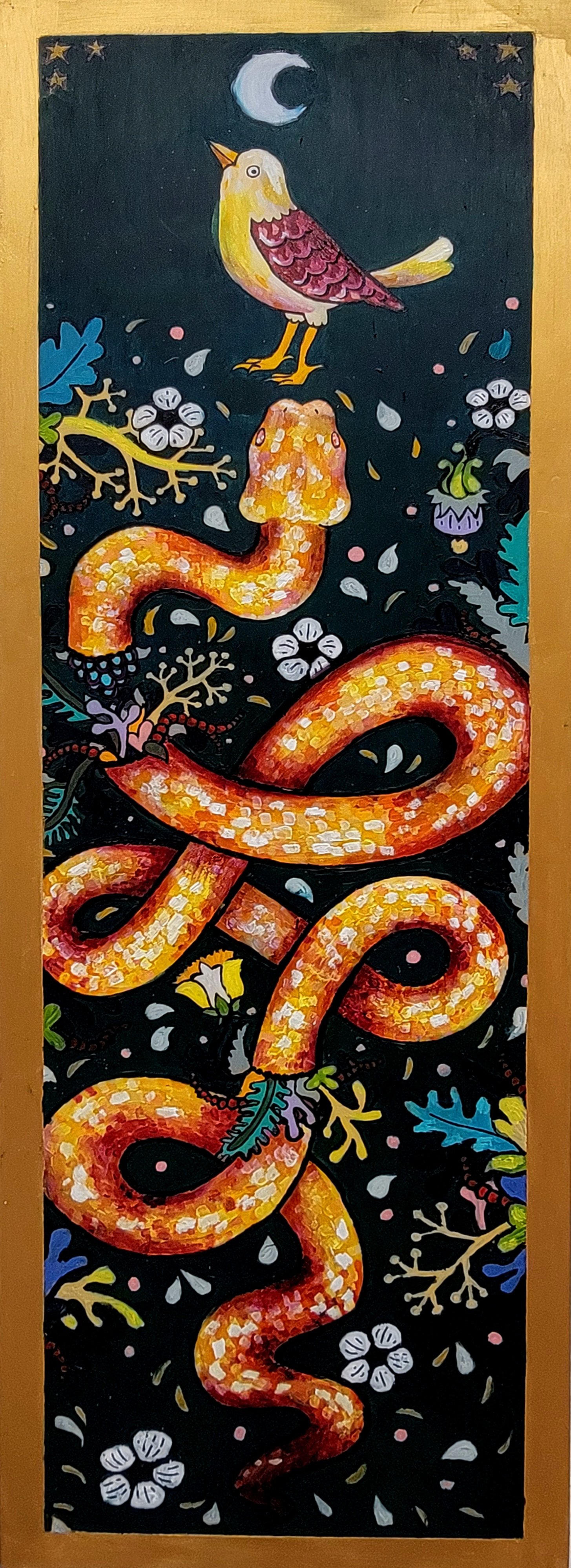 A Snake is Summer's Treason, Acrylic, oil on wood panel, 2022-2025