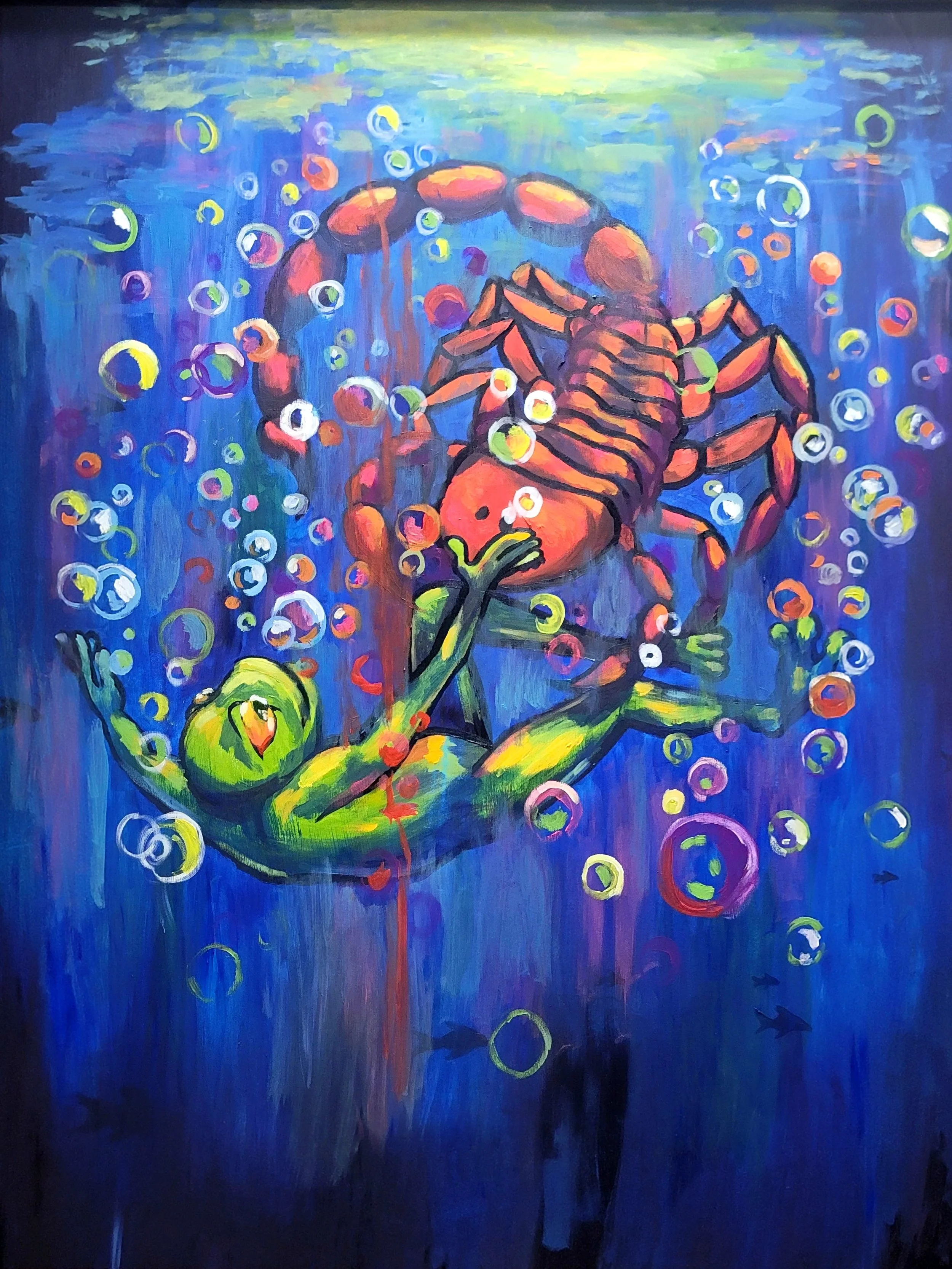 The Scorpion and The Frog, Spray paint, acrylic, and oil on foam board, 2025
