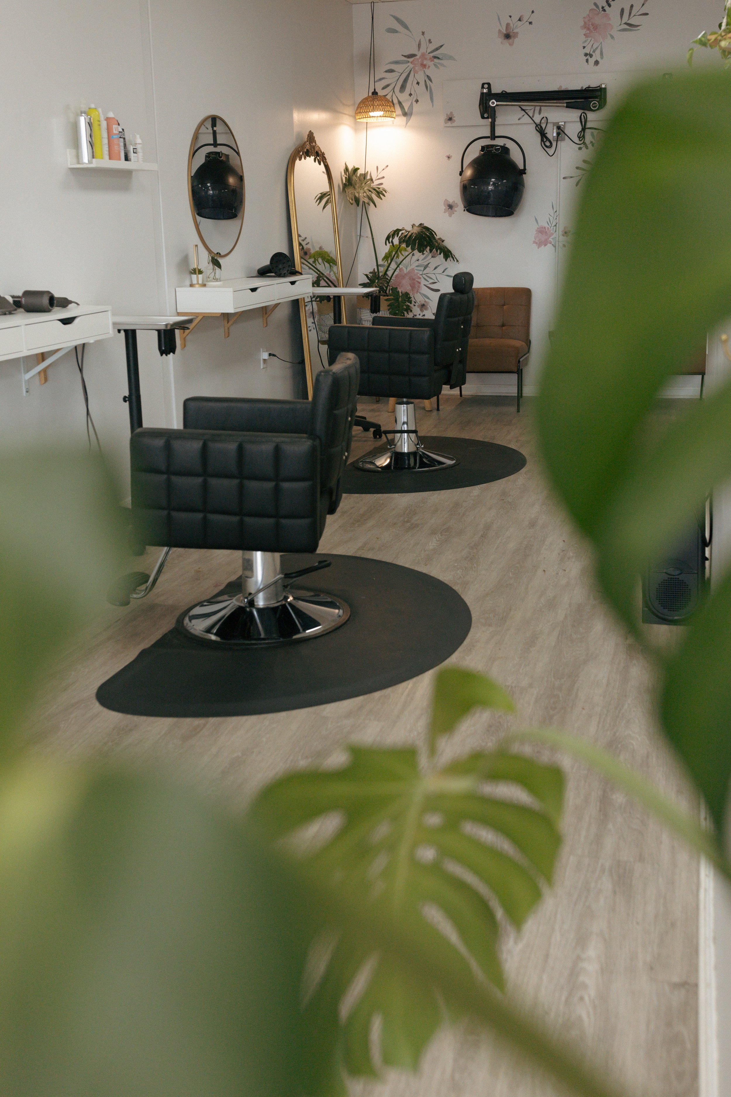 A hair salon or barbershop with two styling chairs, mirrors, plants, decorative wall art, and salon equipment visible.