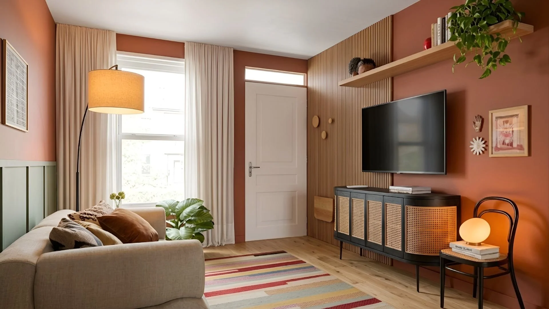 Modern living room interior with warm wood slats and neutral couch in Retiro Vivo project