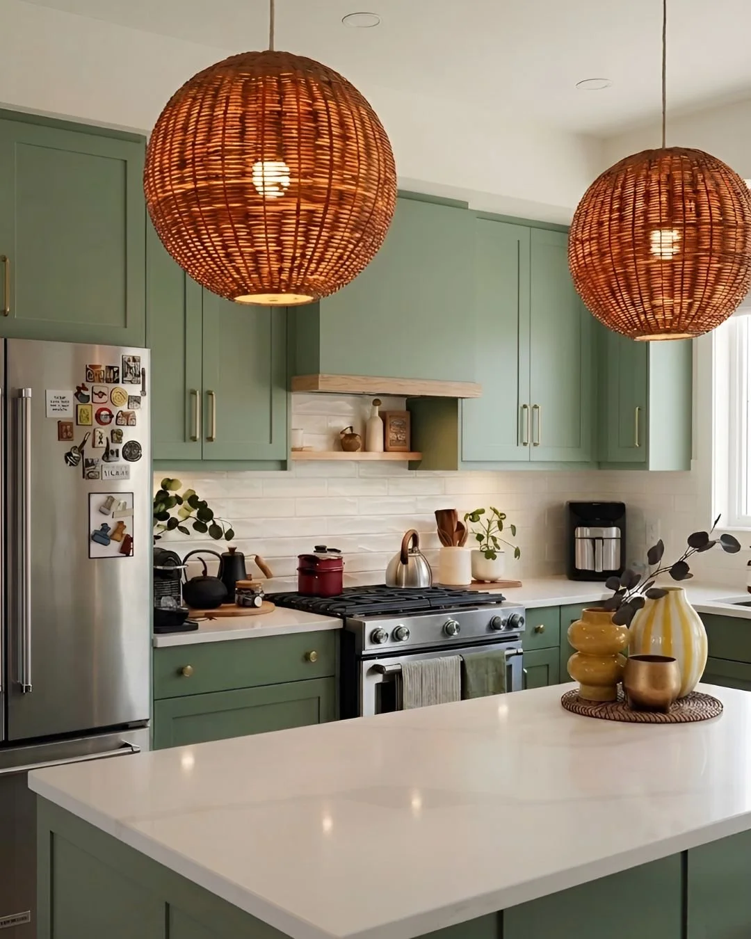Open concept kitchen island featuring modern pendant lighting and warm wood finishes