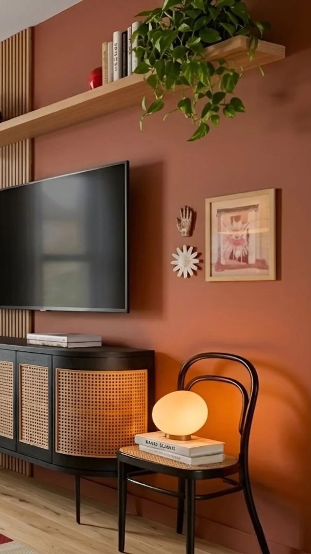 Woven cane cabinet door details with subtle decorative items in a natural aesthetic