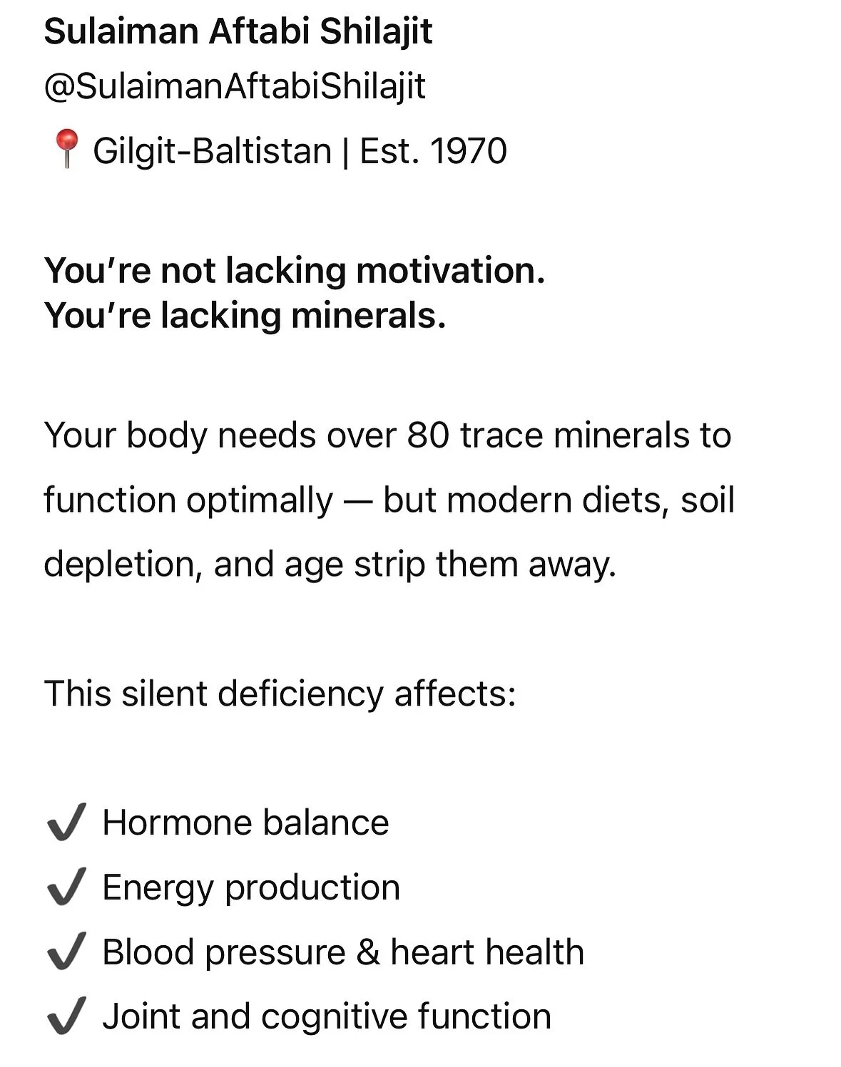 Shilajit, naturally formed over centuries at high altitudes, is one of the rare substances that restores this critical mineral matrix &mdash; with Fulvic Acid acting as the cellular delivery system.

But not all Shilajit is created equal.
Only sun-dr