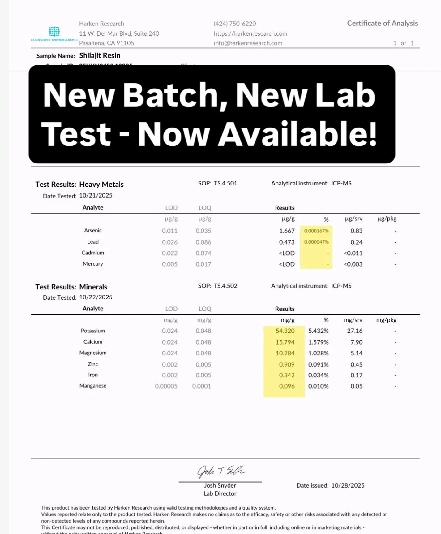 Test Date: October 2025.

Sulaiman Aftabi Shilajit is lab-tested in the U.S at reputable labs which can be verified. Our goal is to bring you a product that is safe to use. The results shown are for the latest batch of April 2025:

Negligible Heavy M