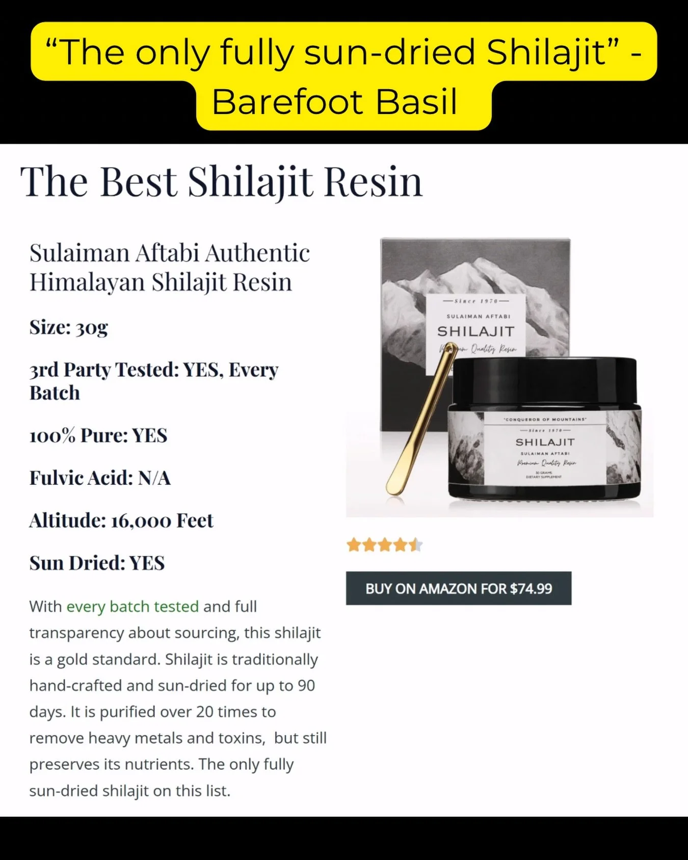 The rankings keep on coming &mdash; and we&rsquo;re grateful to see more people recognizing the difference between authentic, traditionally prepared Shilajit and mass-produced alternatives.

A recent review by Barefoot Basil ranked Sulaiman Aftabi Sh