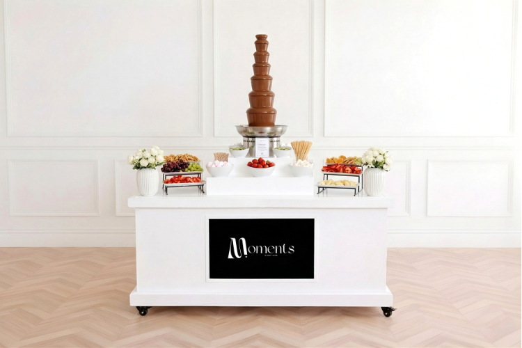 Chocolate Fountain Machine on white cart with digital screen