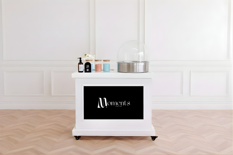 Candy Floss Machine on white cart with digital screen