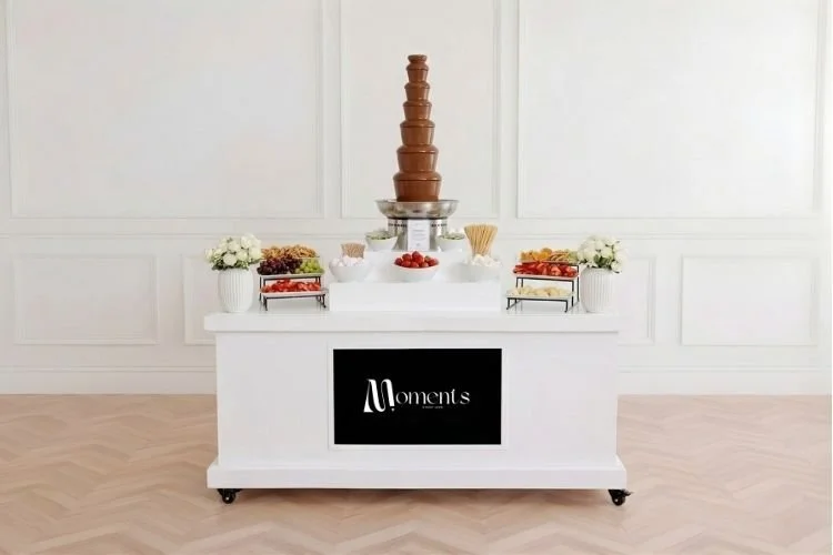 Chocolate Fountain Machine on white cart with digital screen