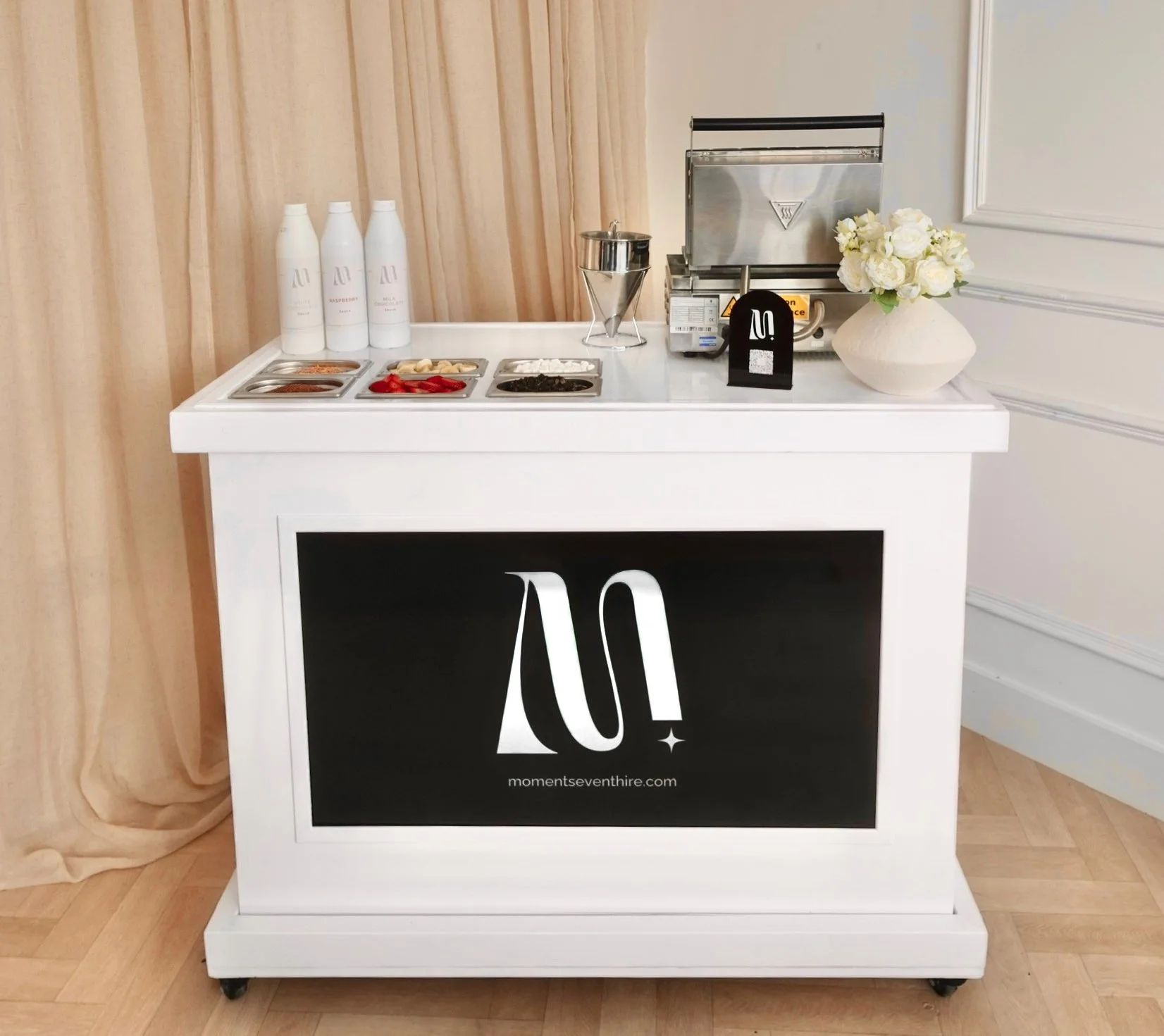 Waffle Machine on white cart with digital screen