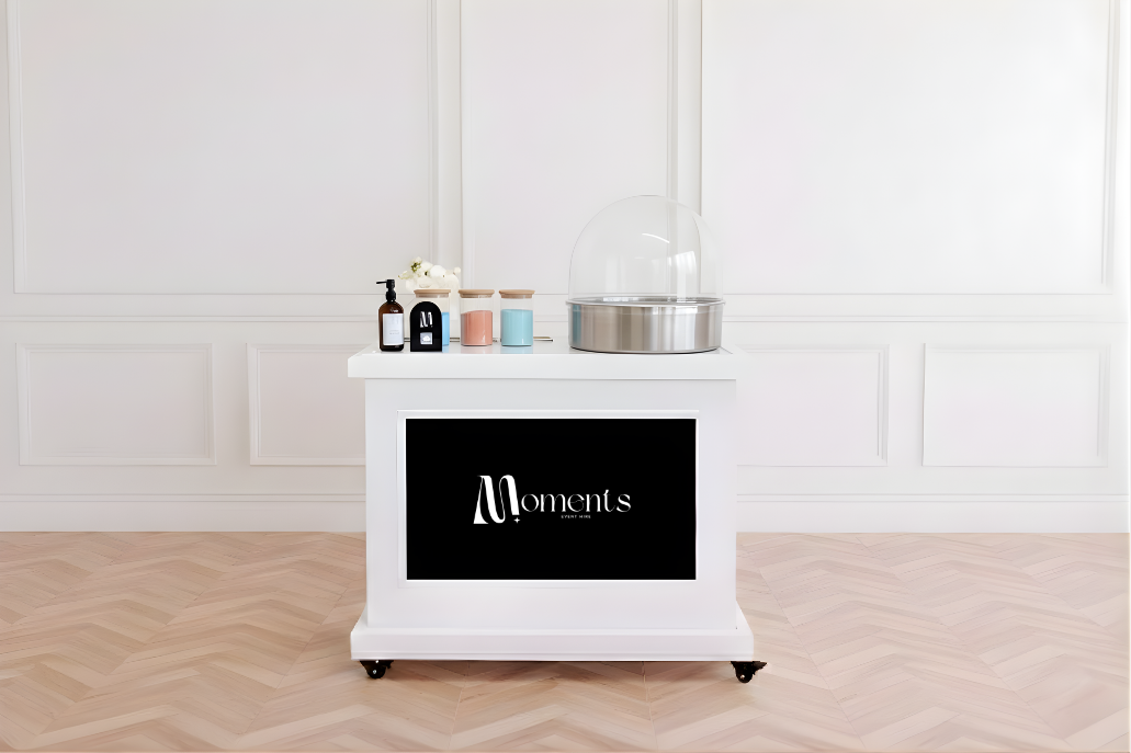 Candy Floss Machine on white cart with digital screen