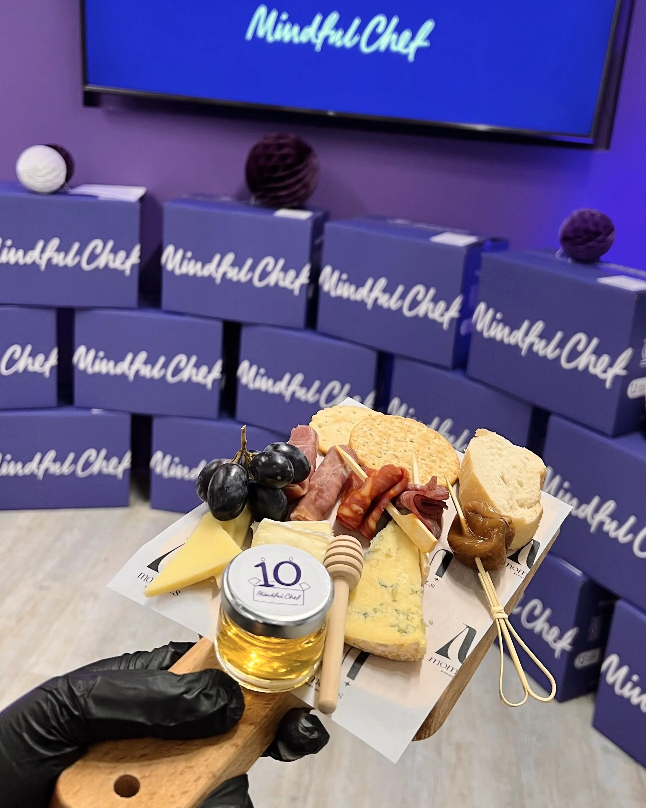 Moments Event Hire charcuterie cart and selfie pod setup at Mindful Chef anniversary