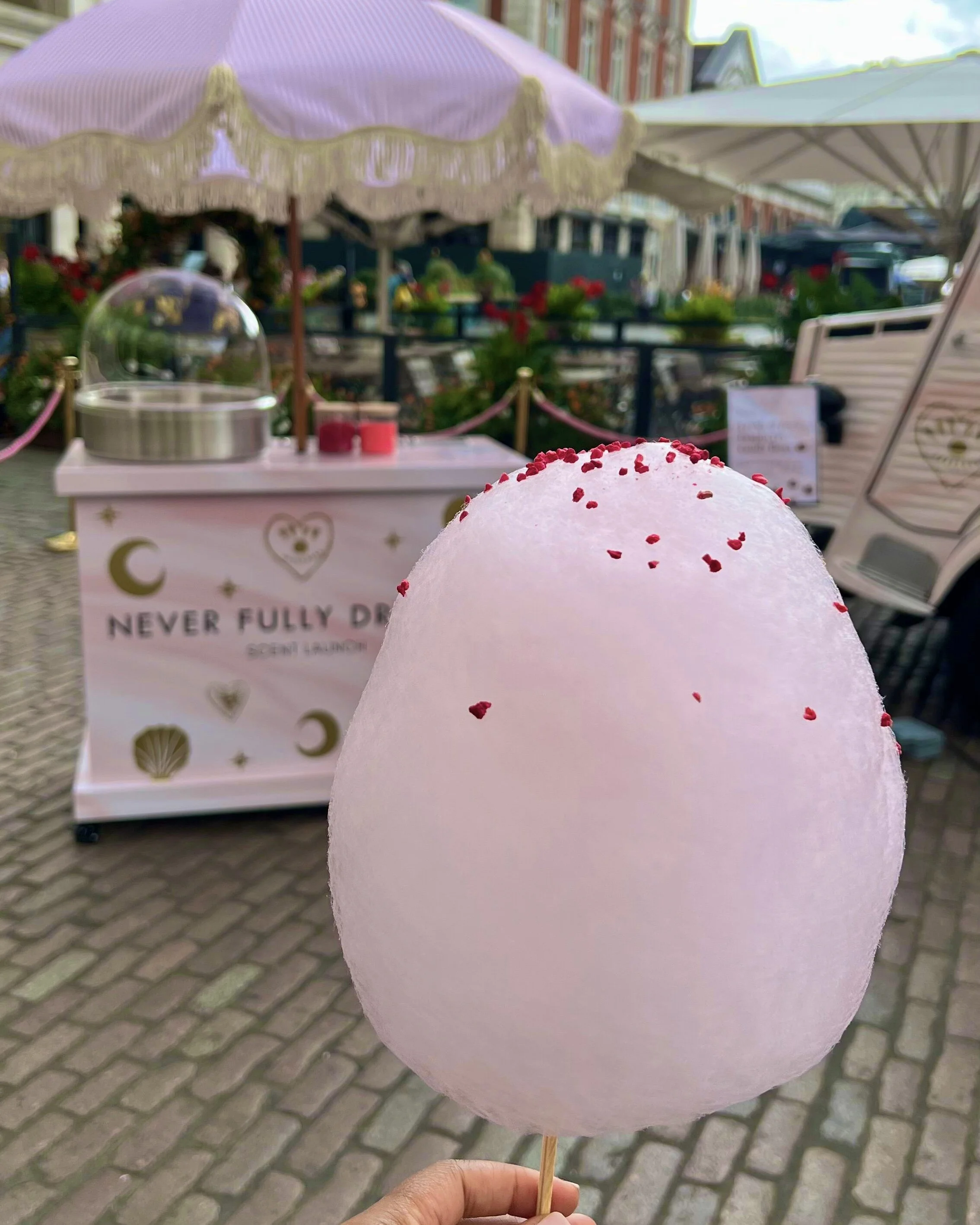Raspberry candy floss with freeze-dried toppings at Never Fully Dressed pop-up