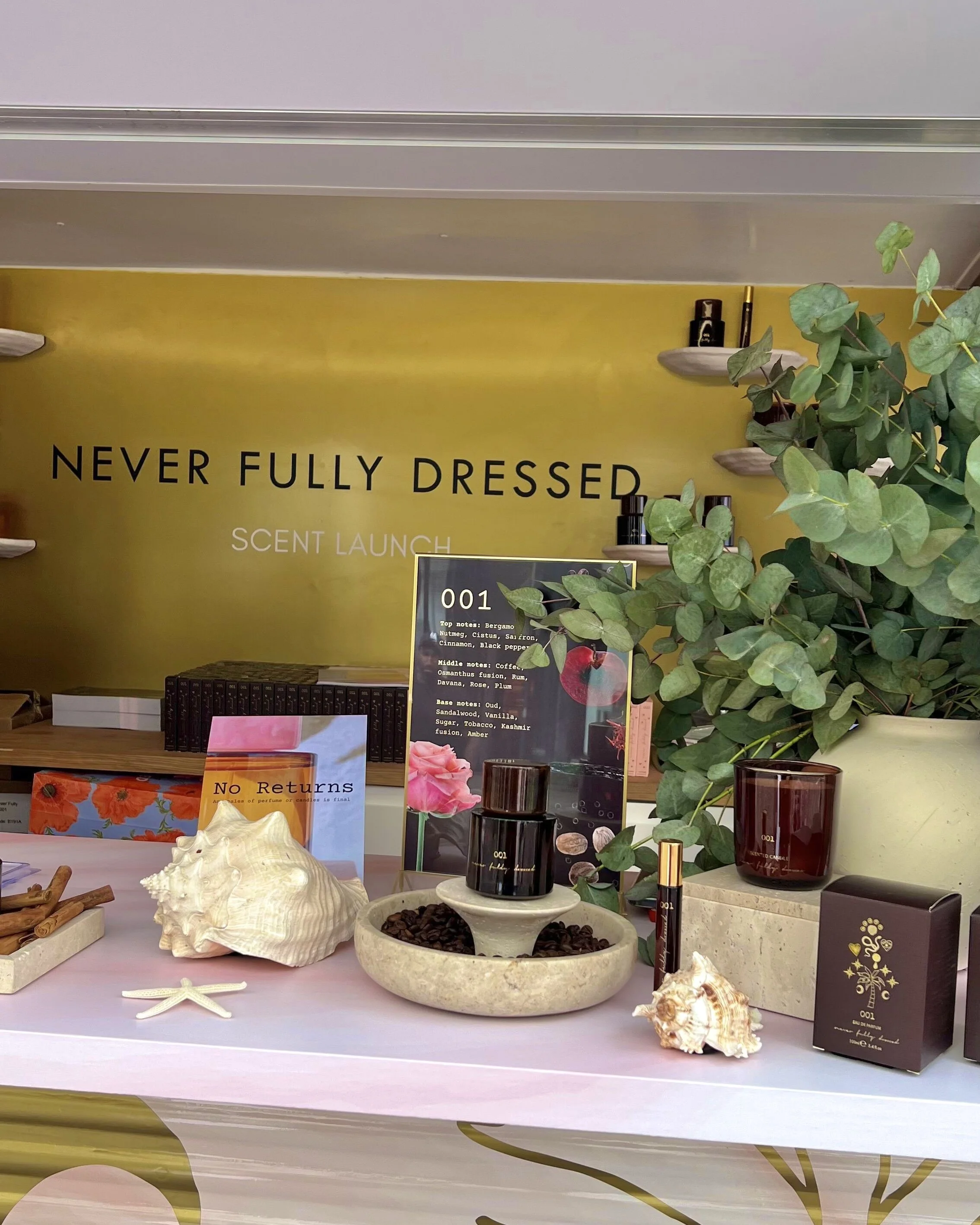 Never Fully Dressed scent launch fragrance display in Covent Garden