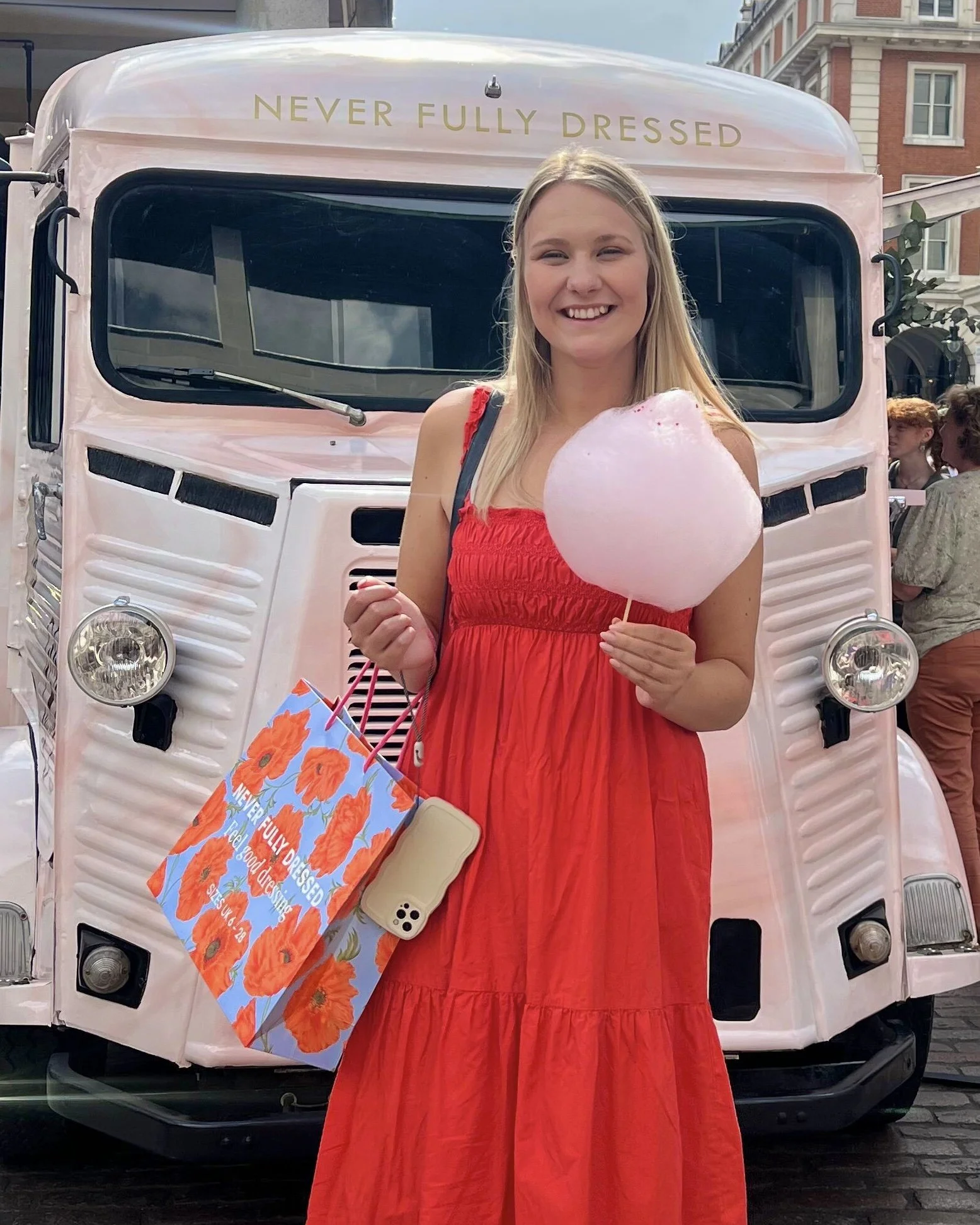Never Fully Dressed branded pink van at Covent Garden fragrance activation