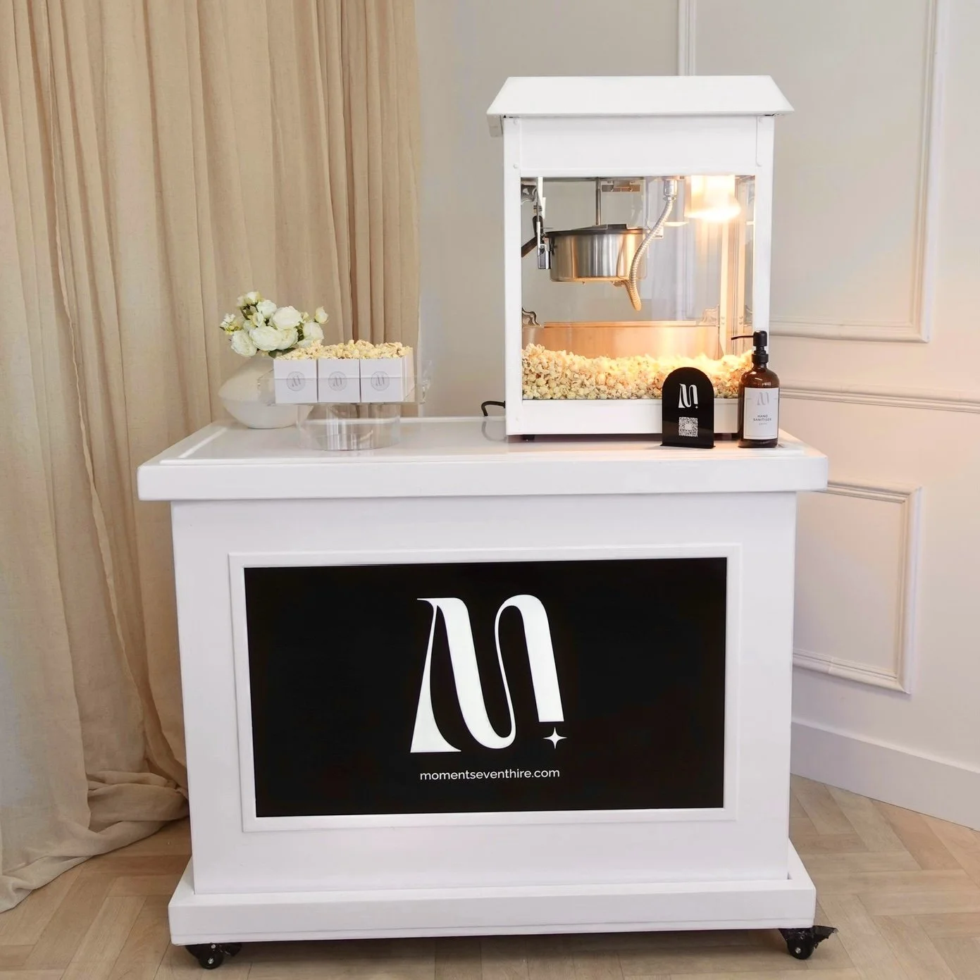 Popcorn Machine on white cart with digital screen