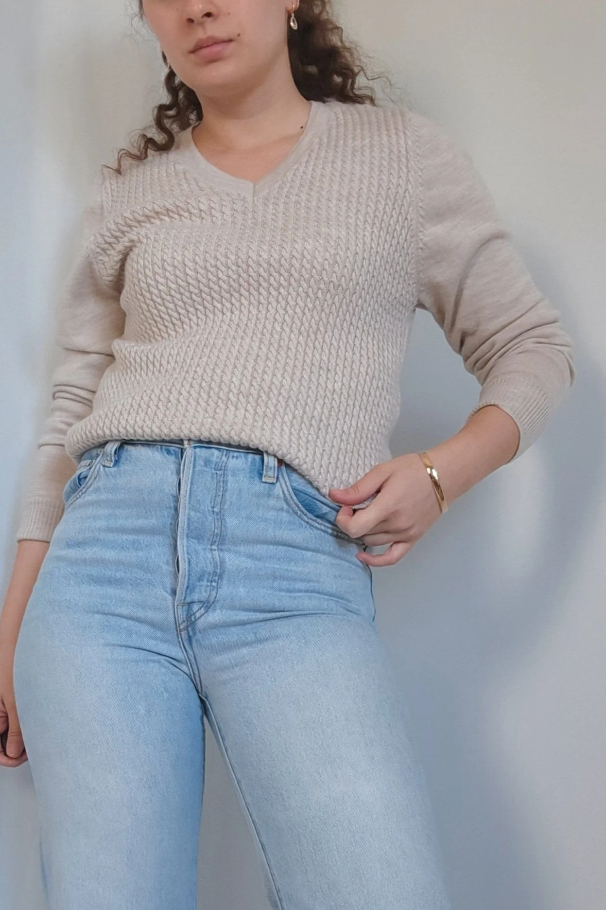 Beige Merino Wool Cable Knit Top