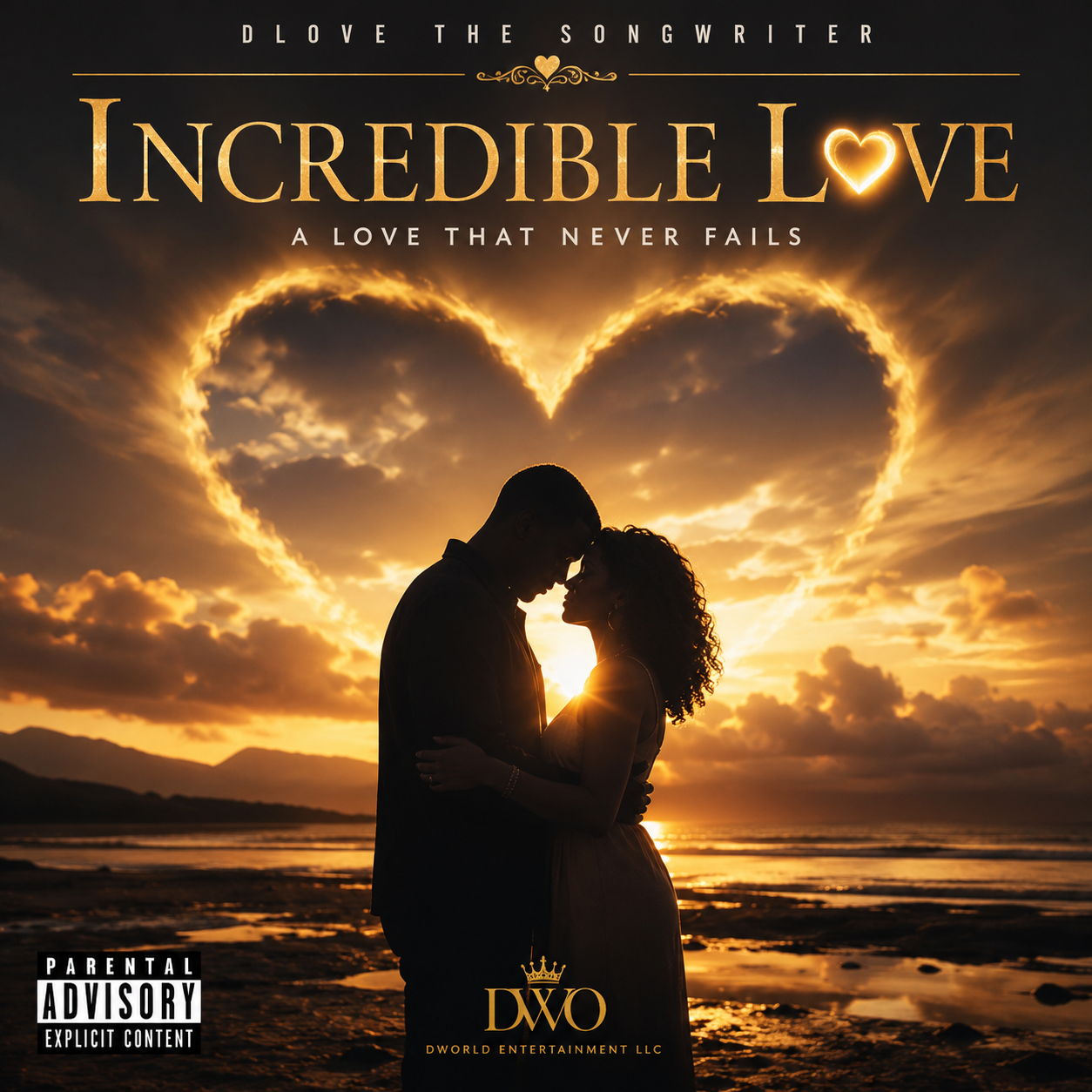 Silhouette of a couple embracing on a beach during sunset with a heart-shaped cloud outline in the sky.