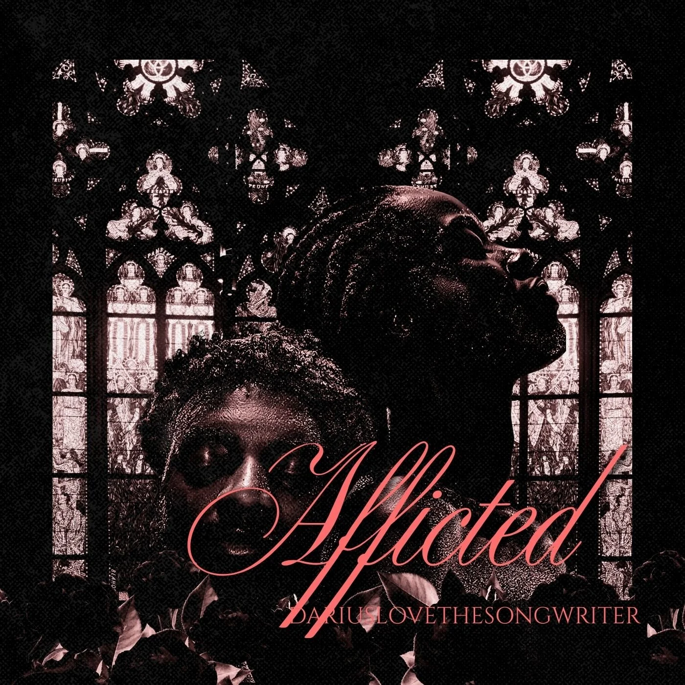 A dark artistic image features a woman with curly hair in front of stained glass windows, with the word 'Alltied' written in pink script and 'DARIUS LOVETHESONGWRITER' at the bottom.