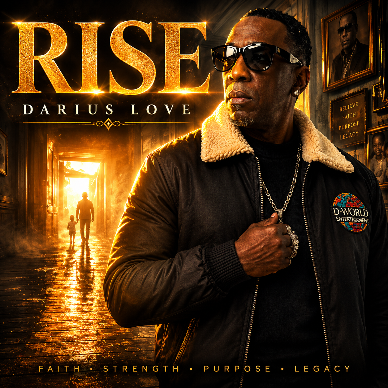 Album cover for 'Rise' by Darius Love featuring a man in sunglasses and a black leather jacket with a 'D-World Entertainment' patch, standing indoors with framed photos and a motivational sign, and a glowing doorway behind him with a silhouetted adult and child holding hands, illuminated by sunset.