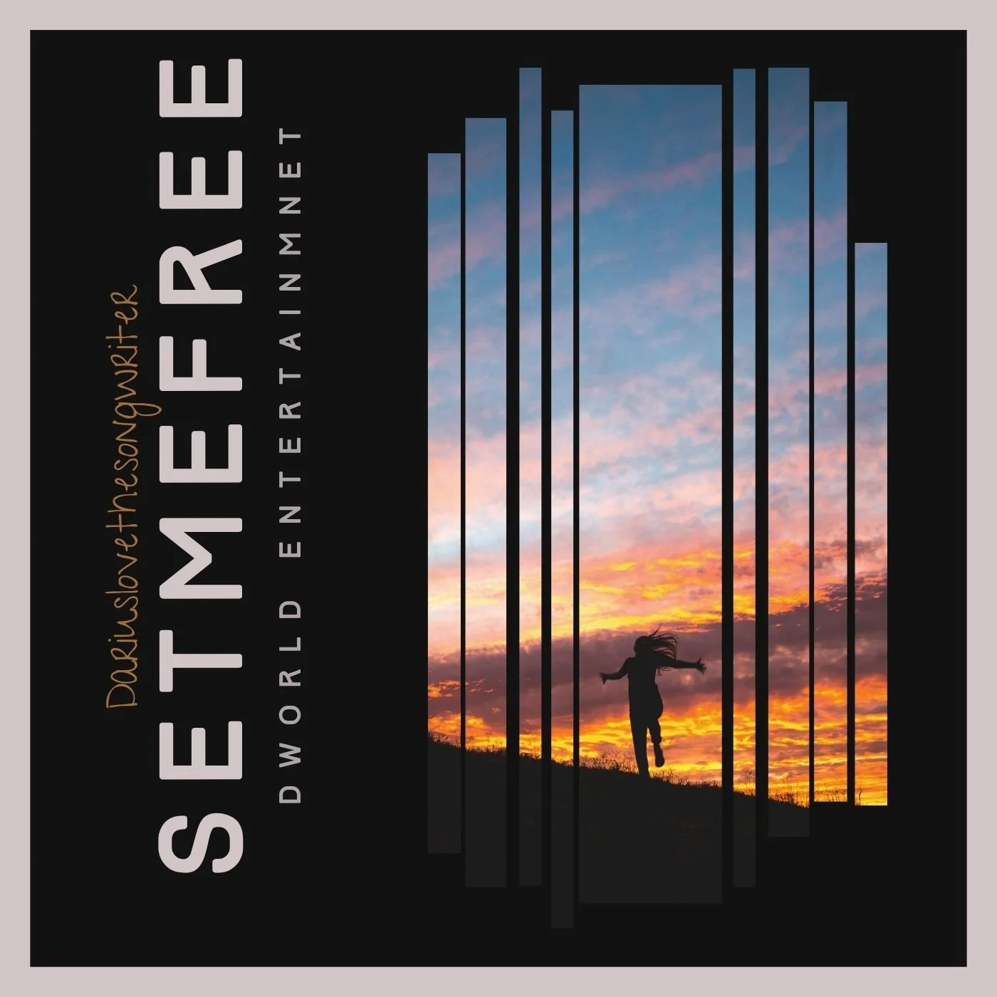 Silhouetted person jumping with arms outstretched in front of a colorful sunset sky with clouds. Overlaid text reads "SLEE ME" with additional smaller text about the album, "Parslowet the world entering an internet".