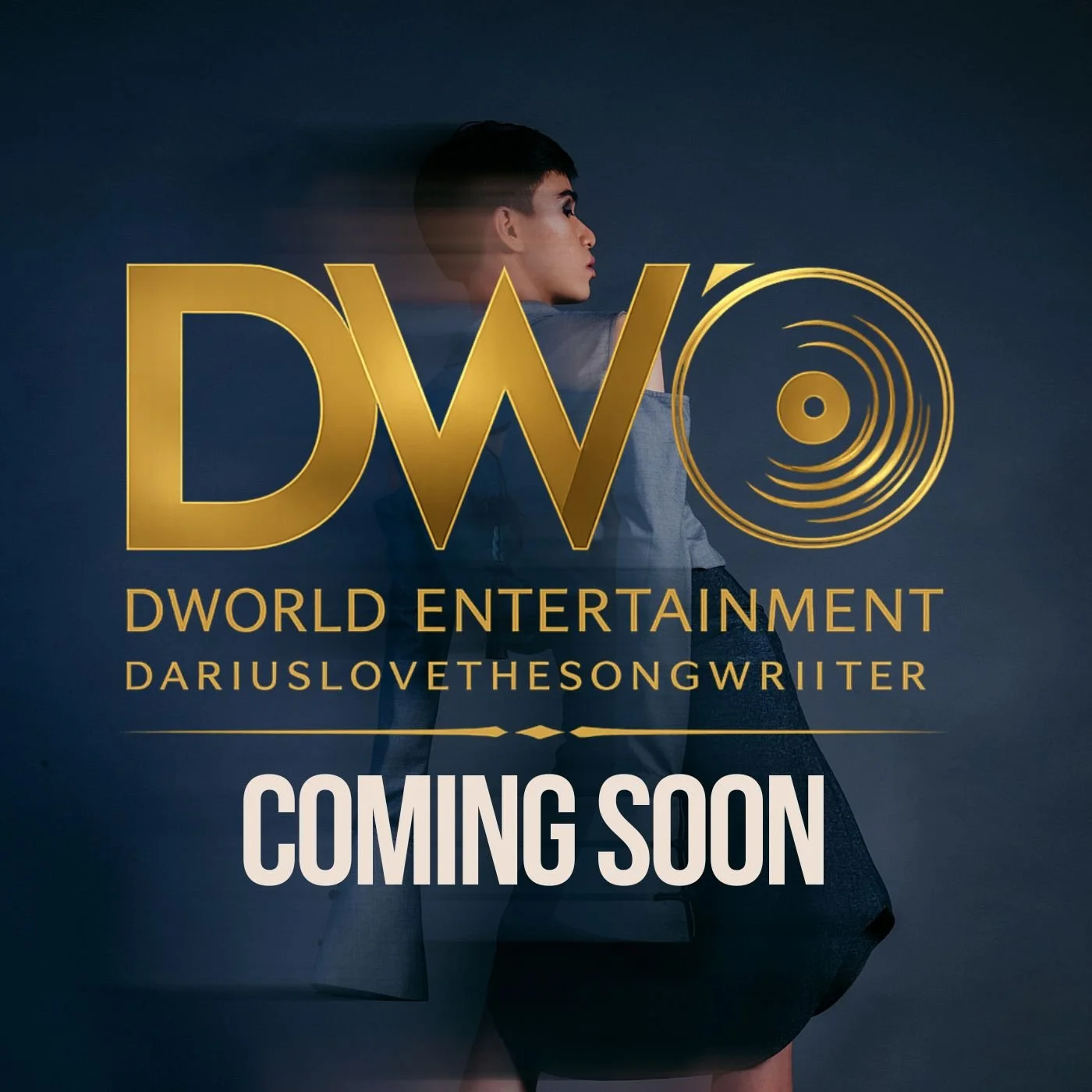 A promotional poster for Dworld Entertainment with a man in profile and text "Coming Soon".