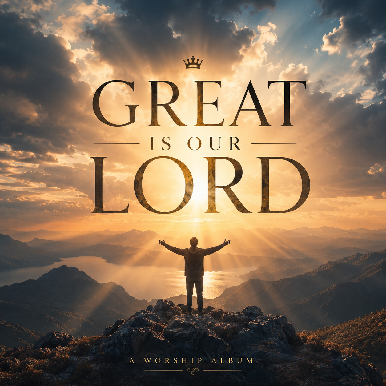 Cover art of a worship album titled "Great is Our Lord" featuring a person standing on a mountain with arms outstretched, sunrise or sunset over mountains, lake, and dramatic sky with clouds.