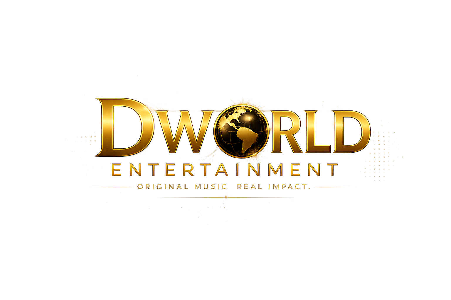 Logo of DWORLD ENTERTAINMENT with a golden globe and the slogan "Original Music Real Impact".