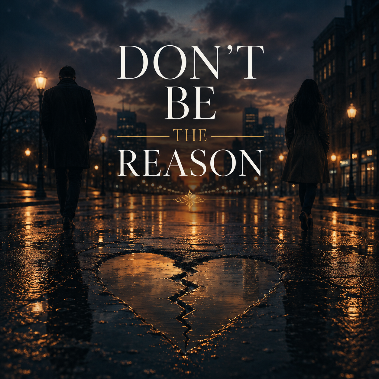 A dark, rainy city street at dusk with two people walking away from the camera. Overlaid text reads 'Don't Be the Reason' in large white font, with a small gold decorative element underneath.