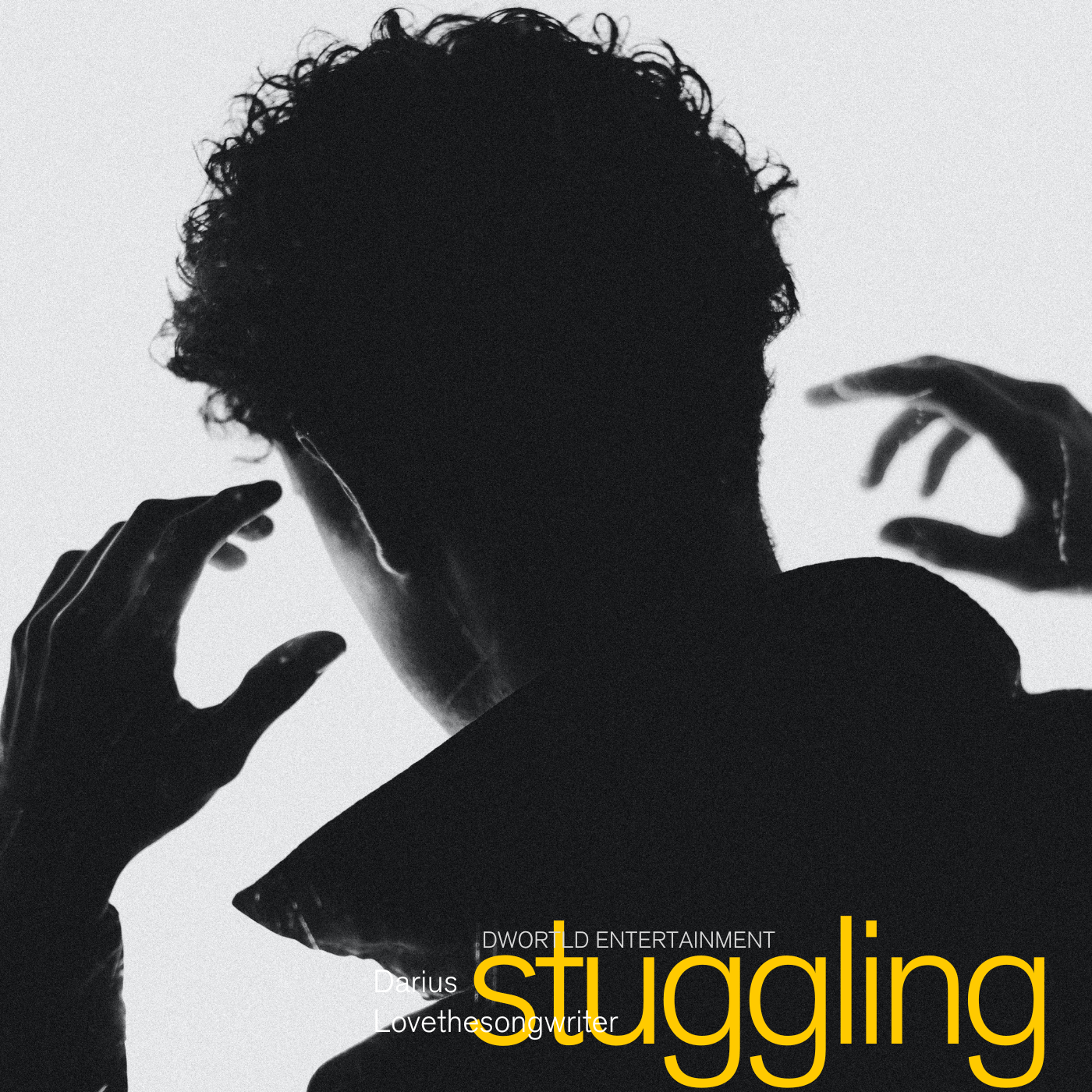 Black and white silhouette of a person with curly hair touching the sides of their face, with text overlay about studying, songwriting, and Darius, an artist or writer.