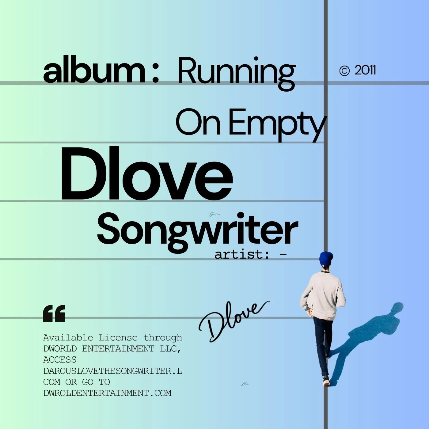 Album cover for 'Running on Empty' by Dove, featuring a person with blue hair walking away, casting a shadow, with text providing licensing information and website.