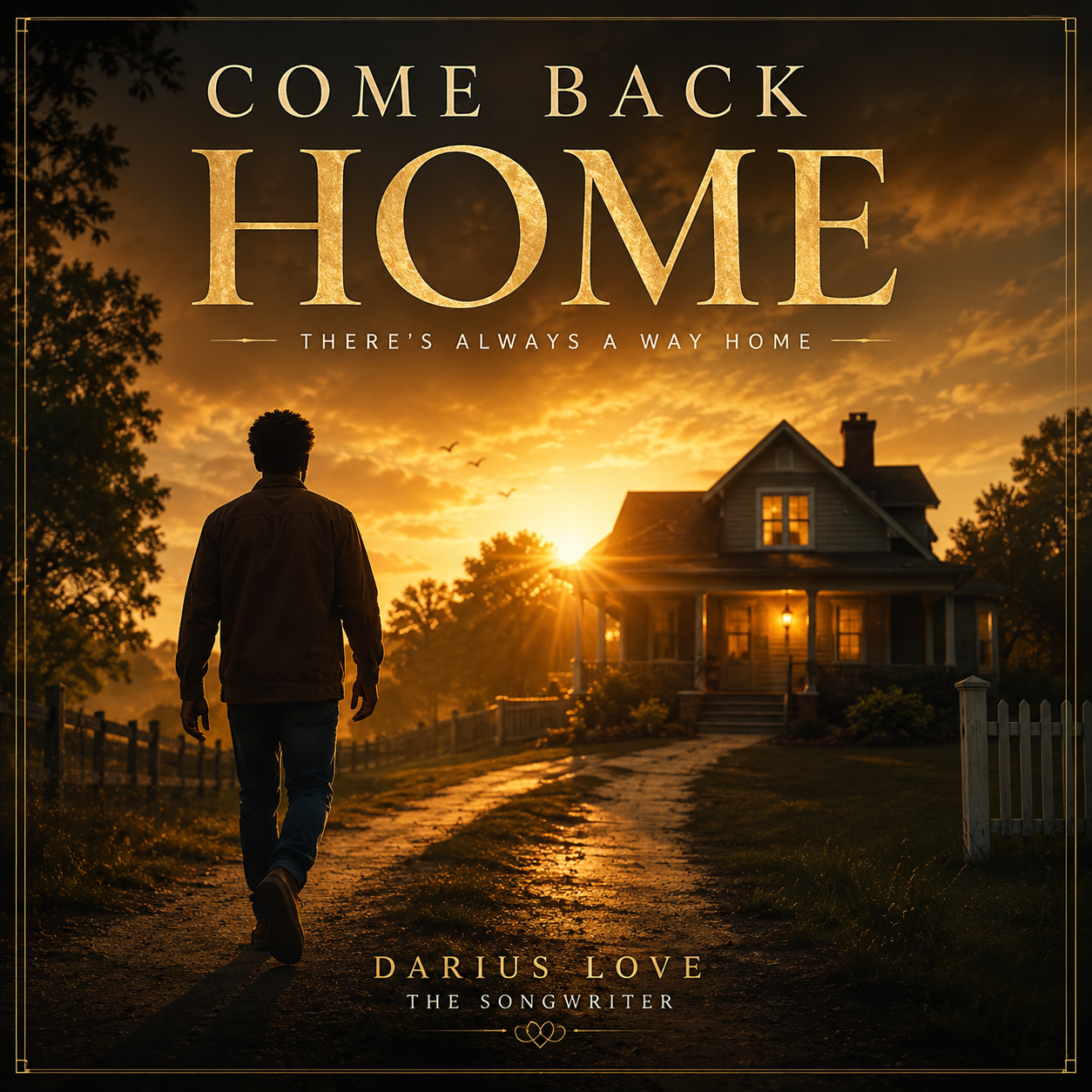 A man walking towards a house at sunset with the text 'Come Back Home, There's Always a Way Home' and 'Darius Love, The Songwriter' overlayed on the image.