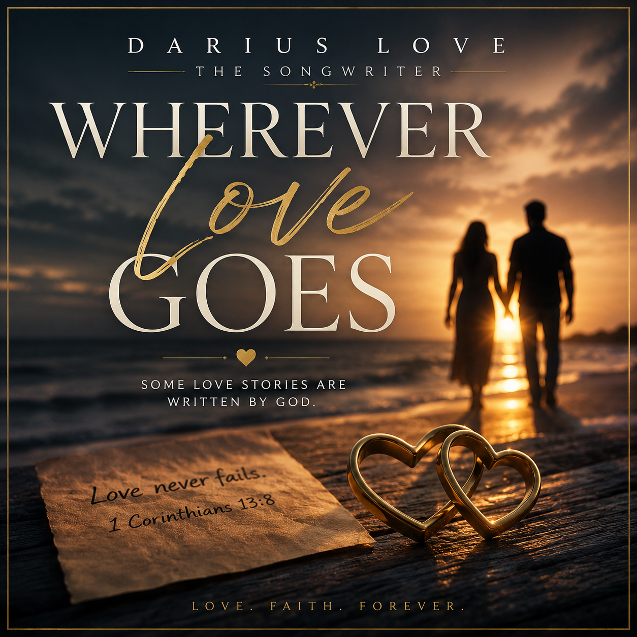 A romantic scene at the beach during sunset with a silhouette of a couple holding hands walking along the shoreline. In the foreground, there are two intertwined gold rings and a piece of paper with a handwritten Bible verse. The image features overlaid text about love and faith, mentioning Darius Love, a songwriter.