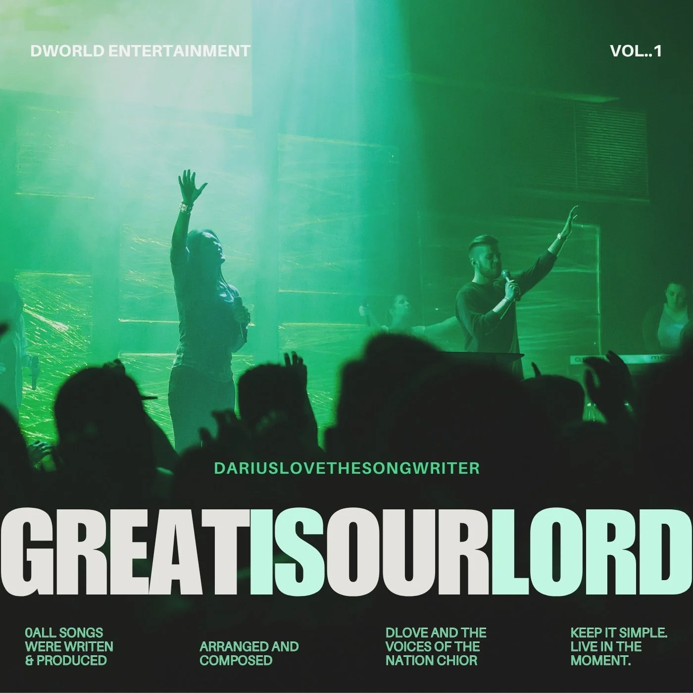 Cover of a music album titled 'Great Is Our Lord' with a photo of a church service scene, featuring a woman and man singing or speaking into microphones with an audience in front. The text 'Dworld Entertainment' appears at the top, and various song and album credits are at the bottom.