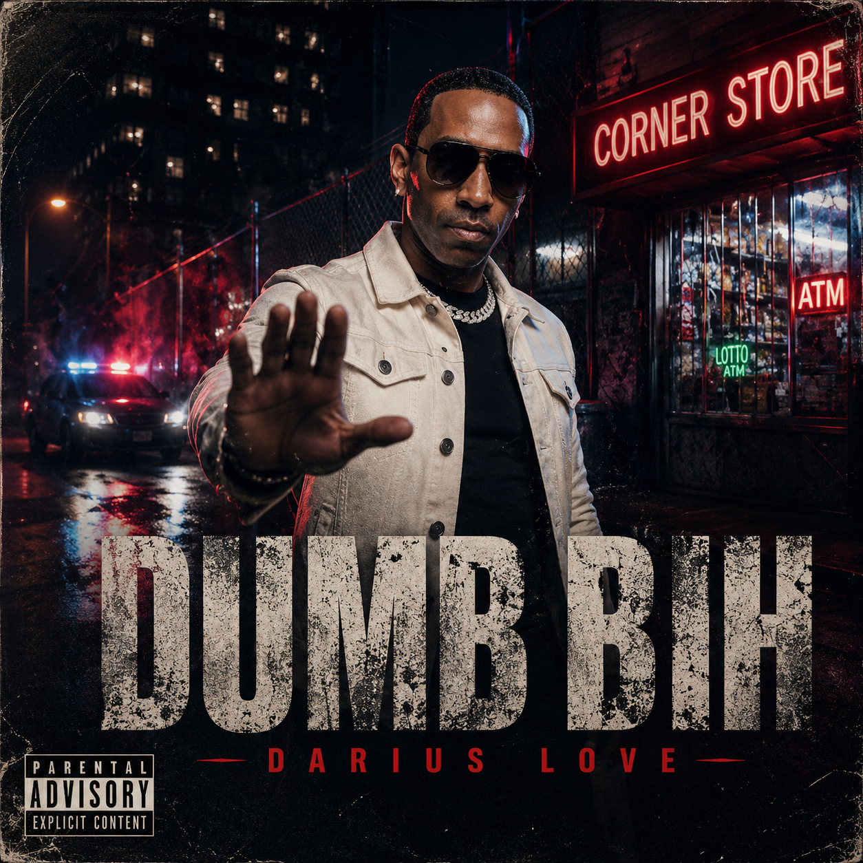 Album cover featuring a man wearing sunglasses, raising his hand in a stop gesture, standing in front of a city street at night. Behind him is a corner store with neon signs, including 'Corner Store,' 'ATM,' and 'Lotto ATM.' Police cars with flashing lights are visible in the background. The text 'DUMBB' in large distressed letters and 'Darius Love' in smaller red letters is displayed on the cover.