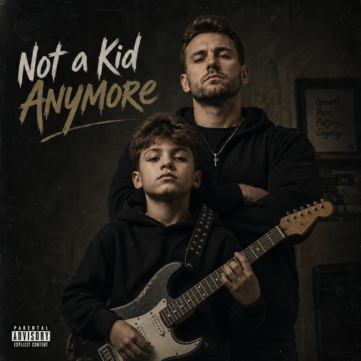Professional photo of a man and a boy, with the man standing behind the boy. The boy is holding an electric guitar. The background includes framed pictures and a sign with text 'Growth, Pain, Purpose, Legacy.' The text 'Not a Kid Anymore' appears on the left side of the image. The scene has a serious tone, and the man and boy look confident and intense.