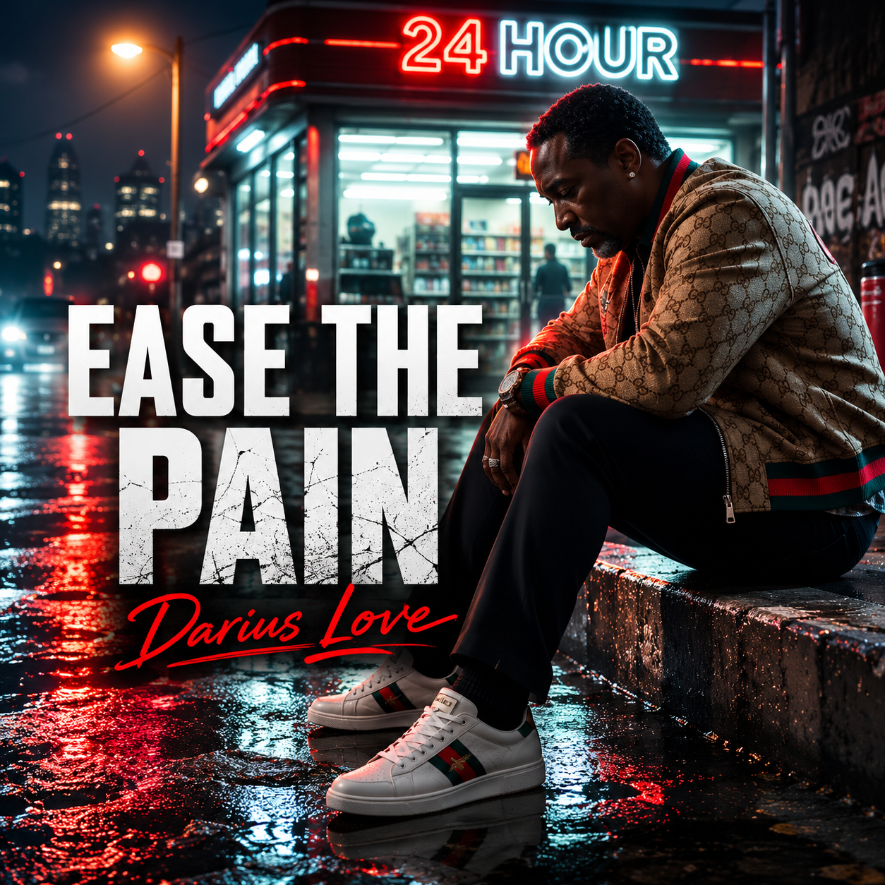 A man sitting on a wet city street curb outside a 24-hour store at night, appearing contemplative. The scene has neon lights reflecting on the wet pavement. Overlaid text reads 'EASE THE PAIN' with 'Darius Love' in red cursive.