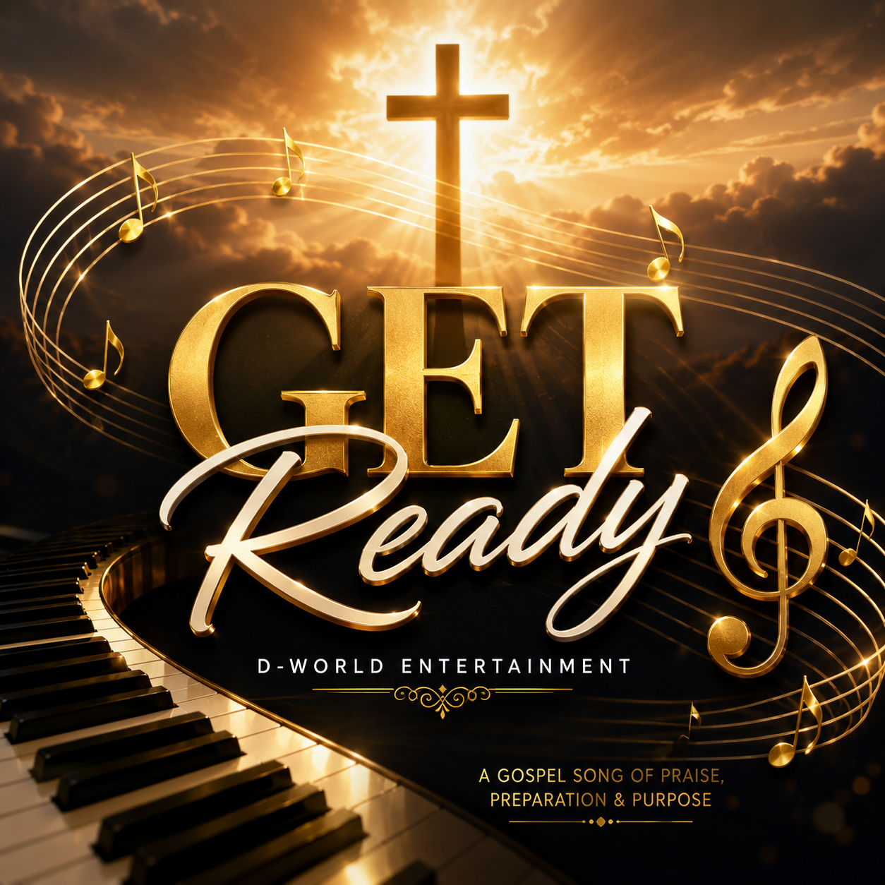 Golden religious-themed graphic with a cross, musical notes, piano keys, and the words 'Get Ready' in gold cursive font, against a dramatic sky with clouds and sunlight.