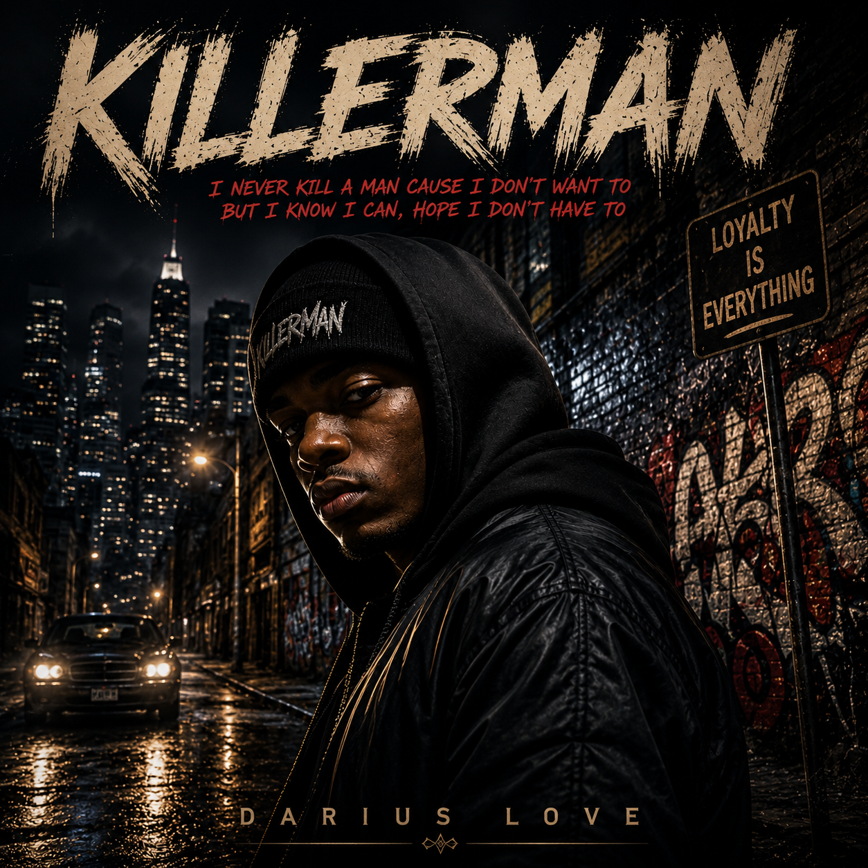 A young man wearing a black hoodie and beanie with 'KILLERMAN' written on it, standing on a rain-soaked city street at night with tall buildings illuminated in the background. There is graffiti on the wall behind him, a car with headlights on, and streetlights reflecting on the wet pavement. Red text above his head reads, 'I NEVER KILL A MAN CAUSE I DON'T WANT TO BUT I KNOW I CAN, HOPE I DON'T HAVE TO.' A street sign says, 'LOYALTY IS EVERYTHING.'