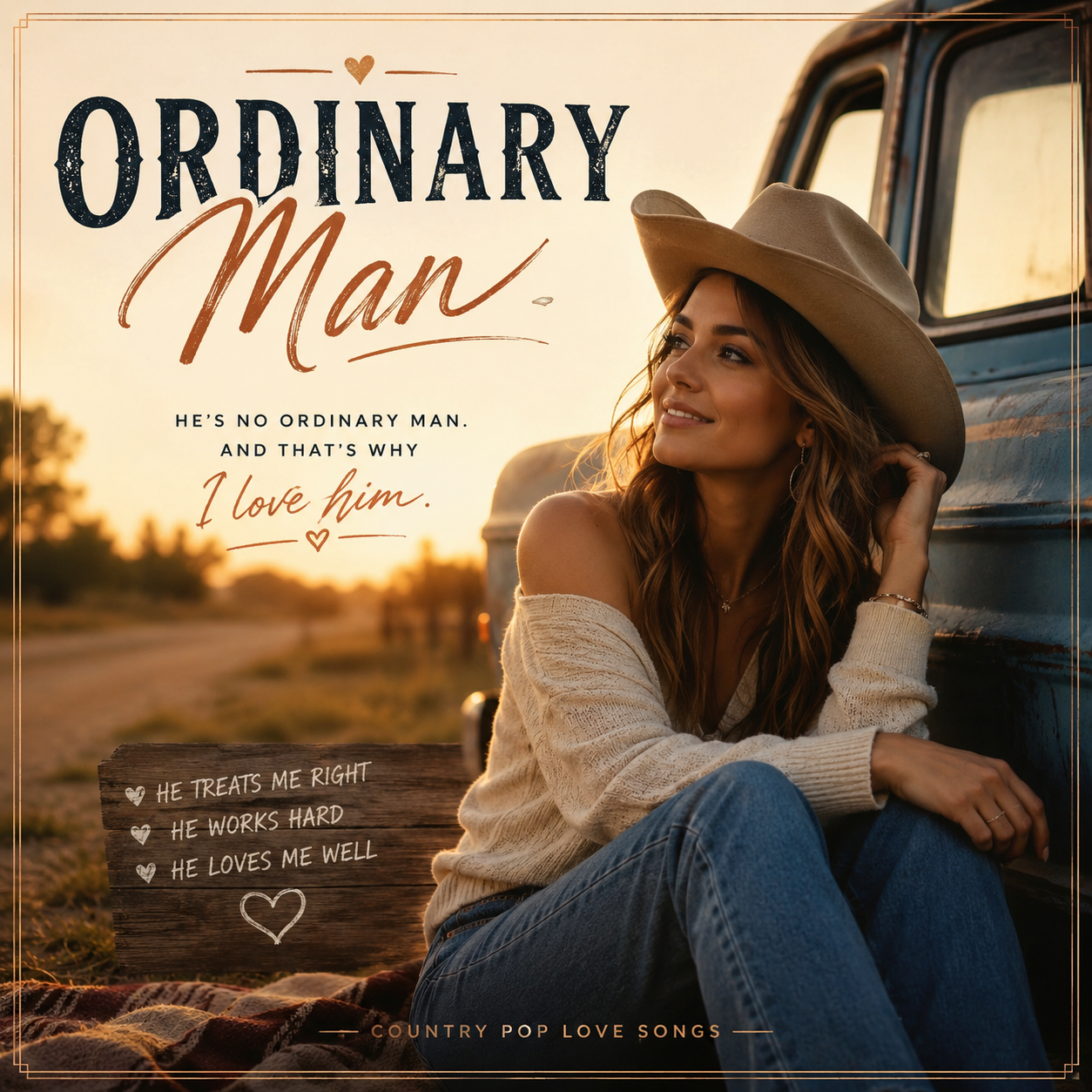 A young woman sitting outdoors near a vintage truck during sunset, wearing a beige hat and sweater, smiling and looking into the distance. Overlaid text promotes a country pop love song titled 'Ordinary Man' and includes song quotes and themes.