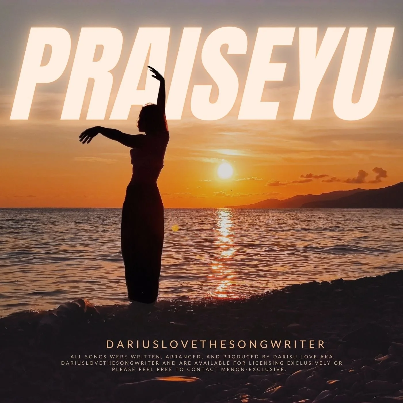 Silhouette of a woman dancing by the water at sunset with the word 'PRAISE YOU' in large text overlaying the sky.