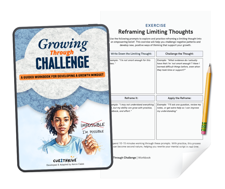 A workbook titled "Growing Through Challenge," with a subtitle "A Guided Workbook for Developing a Growth Mindset". The cover features an illustration of a woman with curly hair holding up her hand with the words "Impossible" crossed out and "I'm Possible" written underneath. The background has blue clouds.
