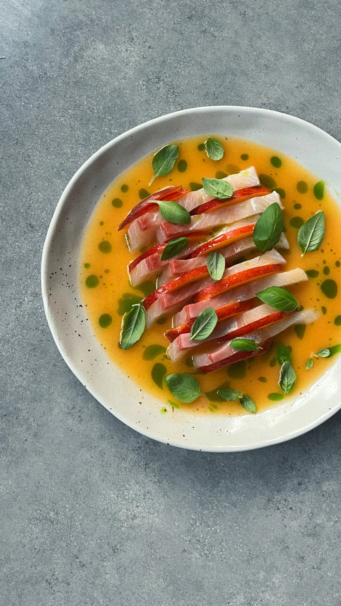Kingfish, Nectarine, Basil Oil.