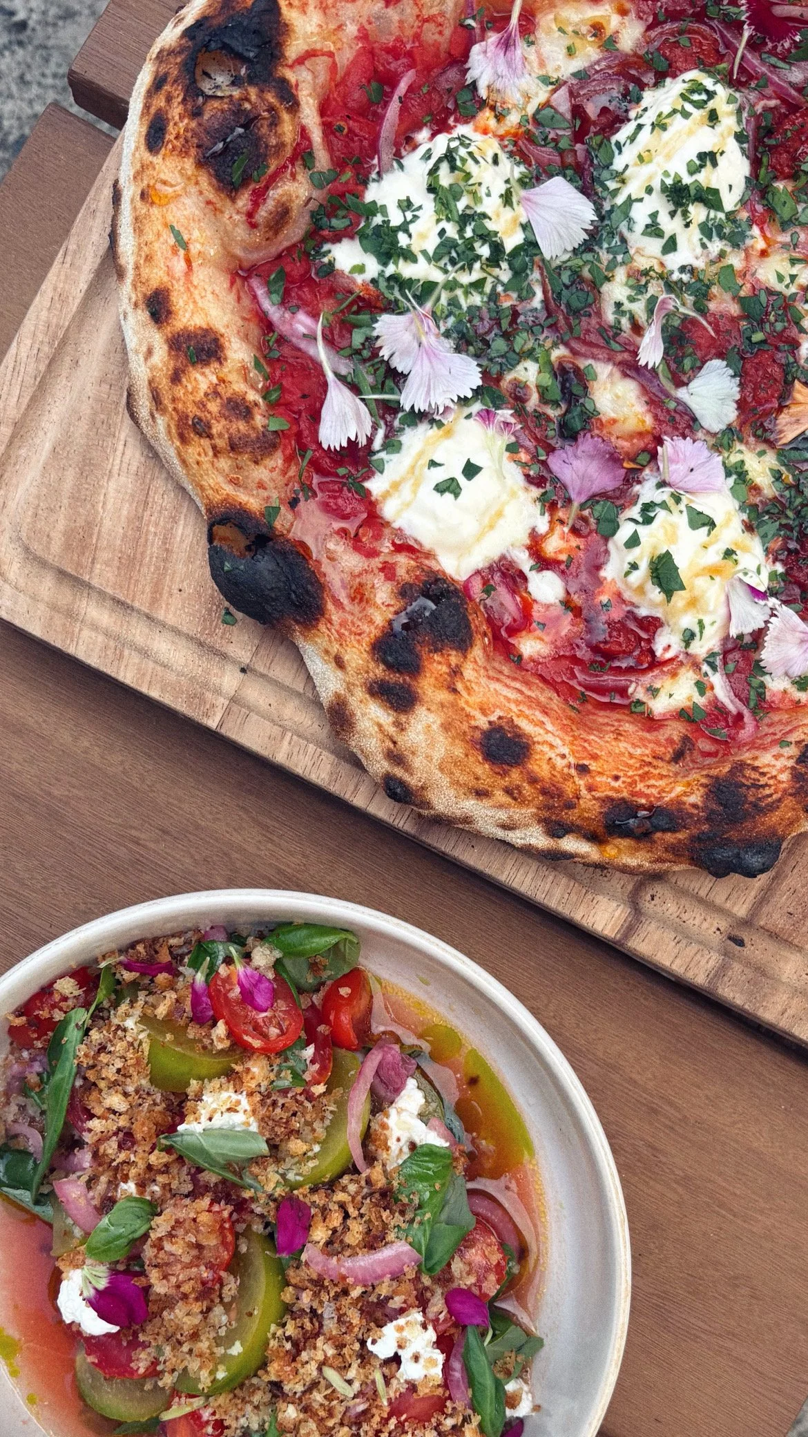 2-Day Fermented Dough, Stracciatella, Hot Honey, Heirloom Tomatoes, Pangratatto.