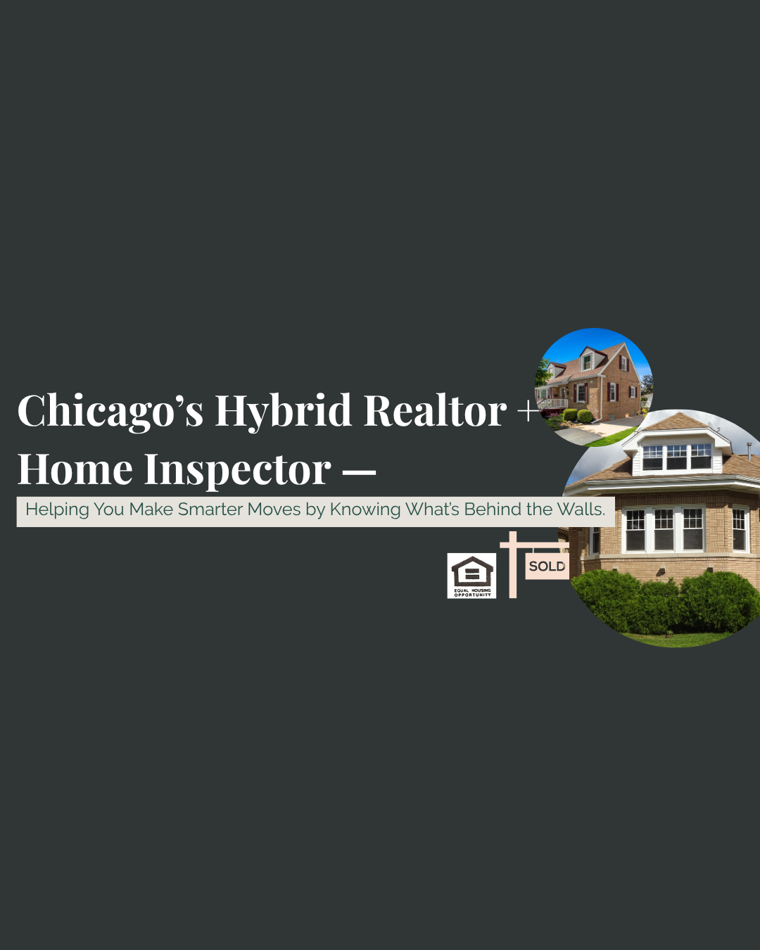 Cover page of Realistic Realty flyer with images of houses and text about Chicago's hybrid realtor and home inspector.