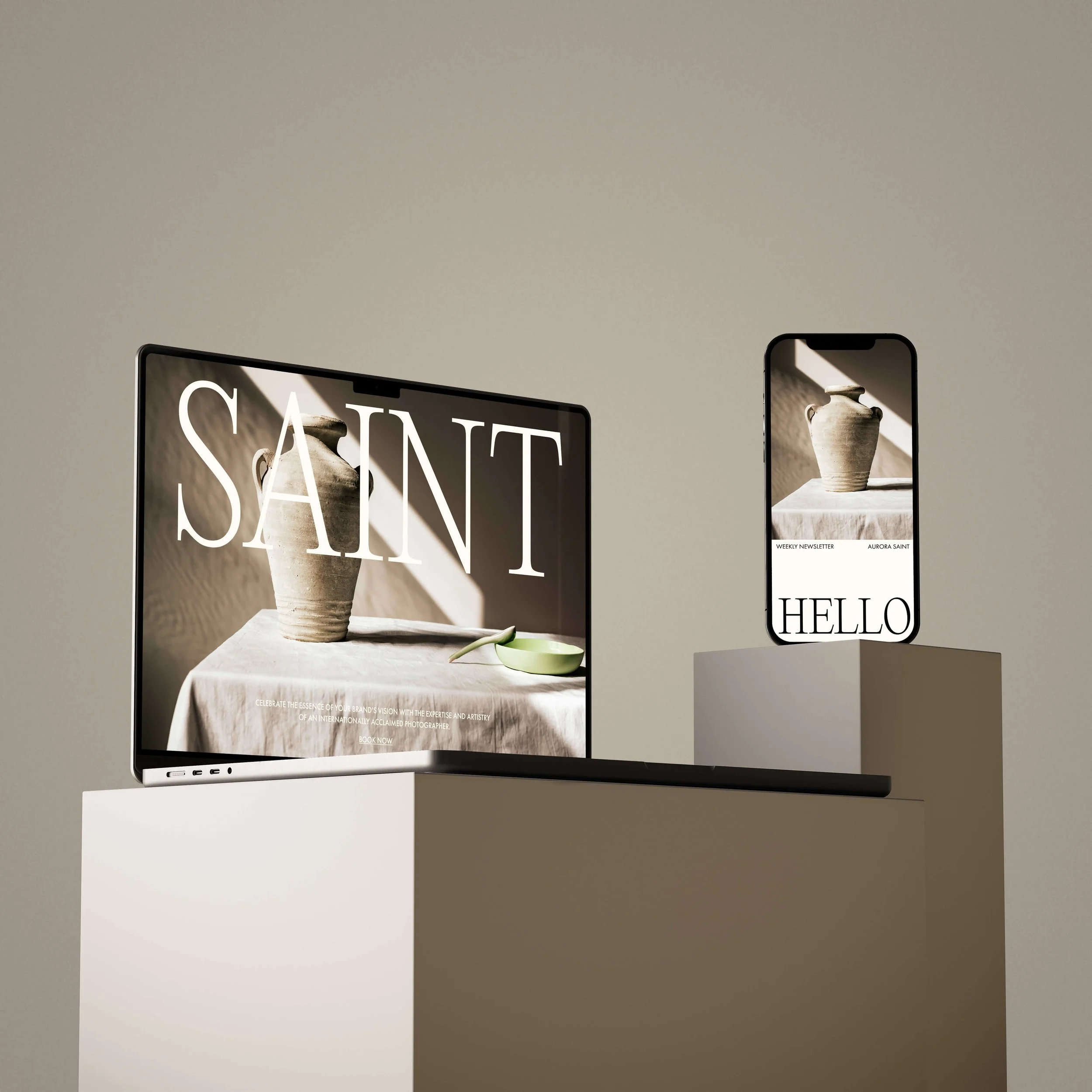 Modern branding design mockup showing a responsive website on laptop and mobile, with minimalist styling, neutral palette, and editorial typography.