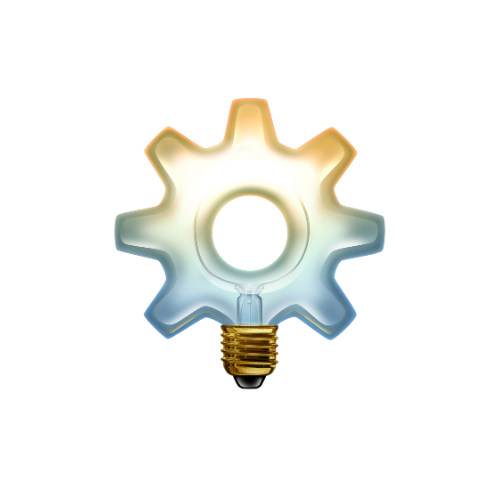A light bulb designed to look like a gear, with a metallic base and a gear-shaped glass top.