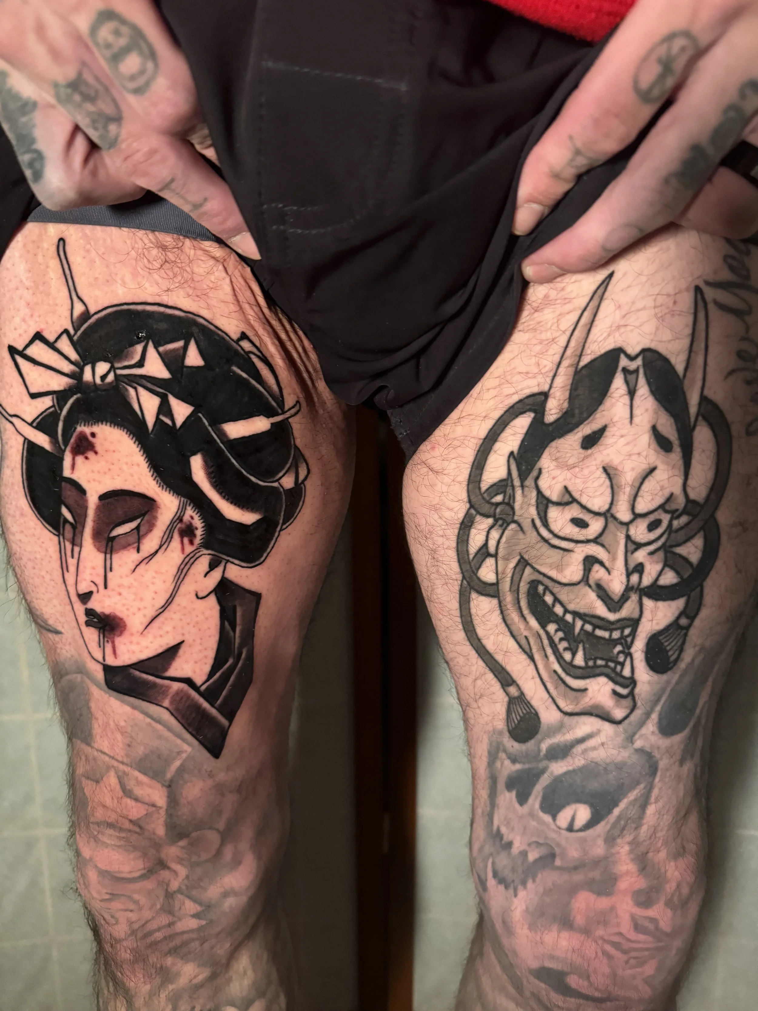Japanese style Tattoo Geisha namakubi severed head, dark art, black Work, black and gray irezumi tattoo Hannya mask irezumi tattoo 