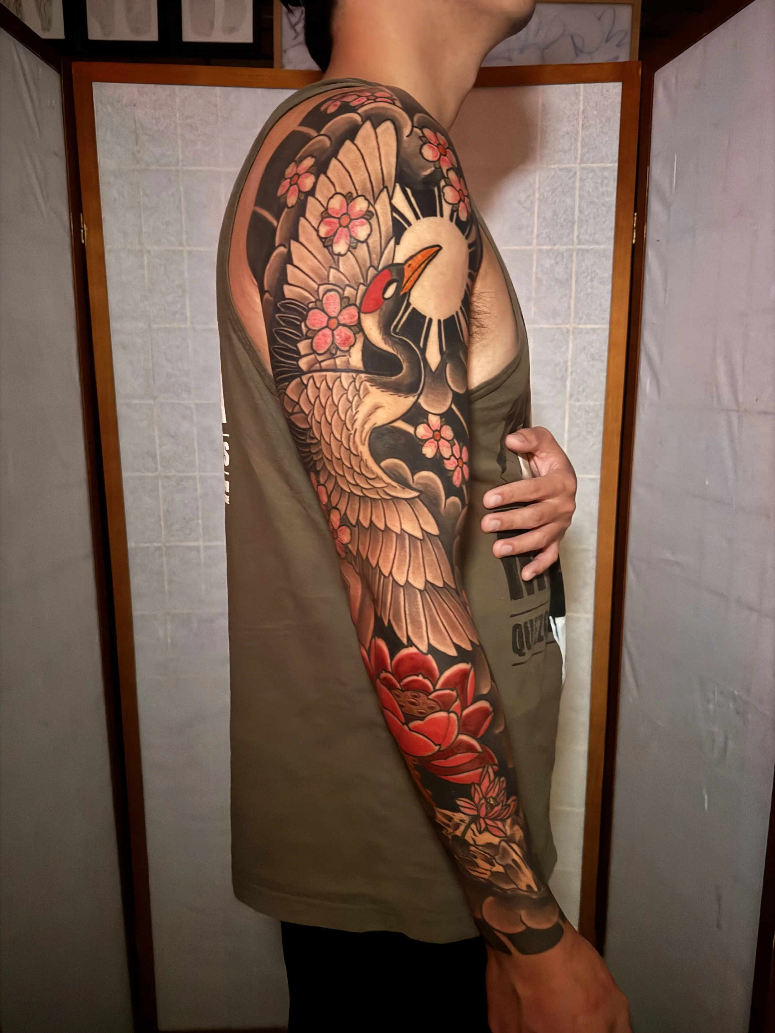 Japanese style tattoo crane bird and peony flowers with cherry blossom flowers wind bar background 
