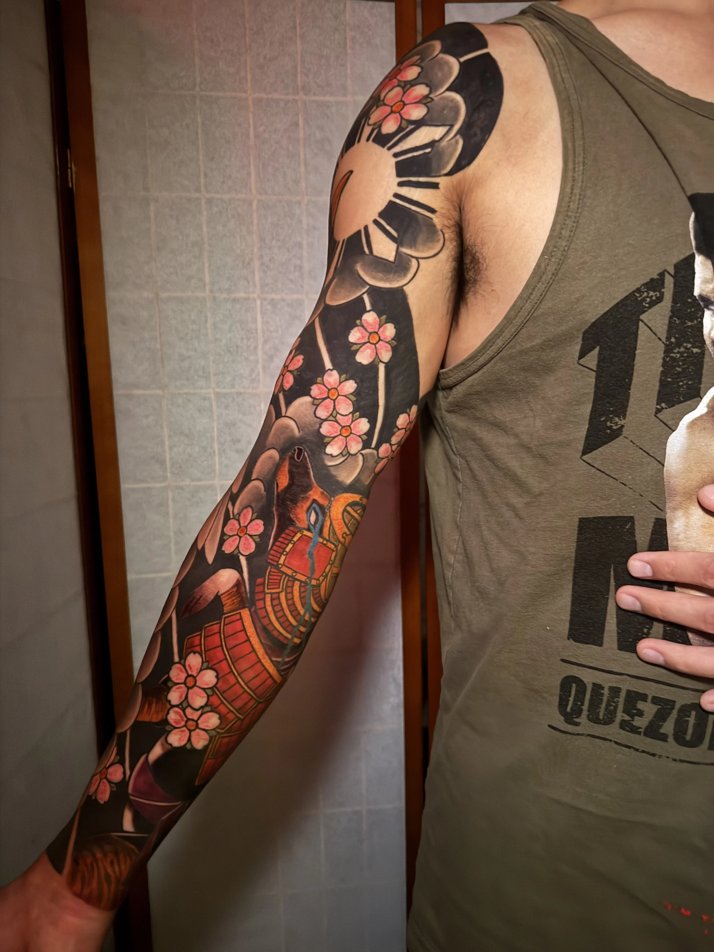 Japanese style tattoo Samurai, dog, cherry blossoms, wind bar background, Irezumi