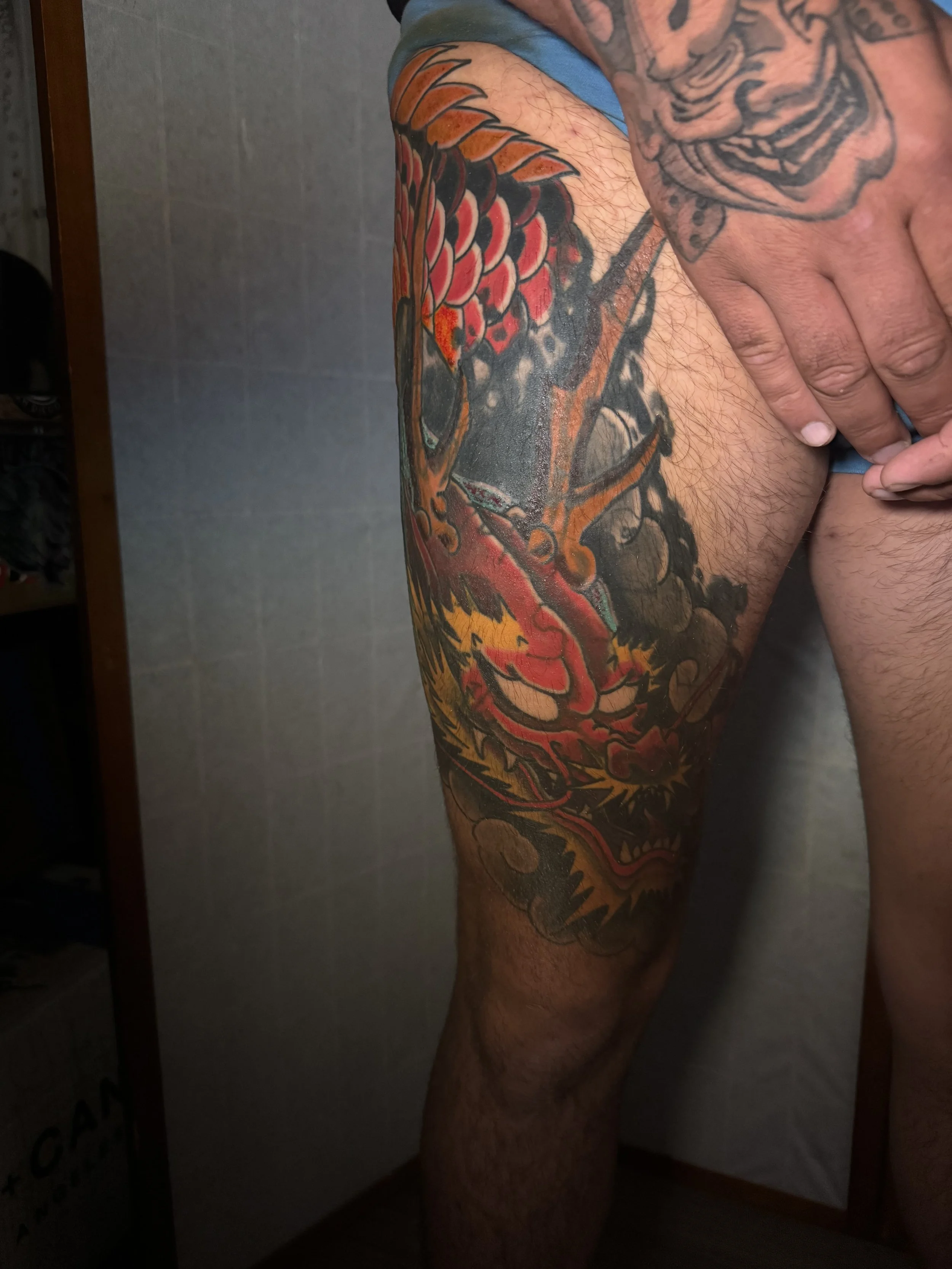 Las Vegas Japanese style tattoo, Dragon Cover Up, full color, tattoo, black background